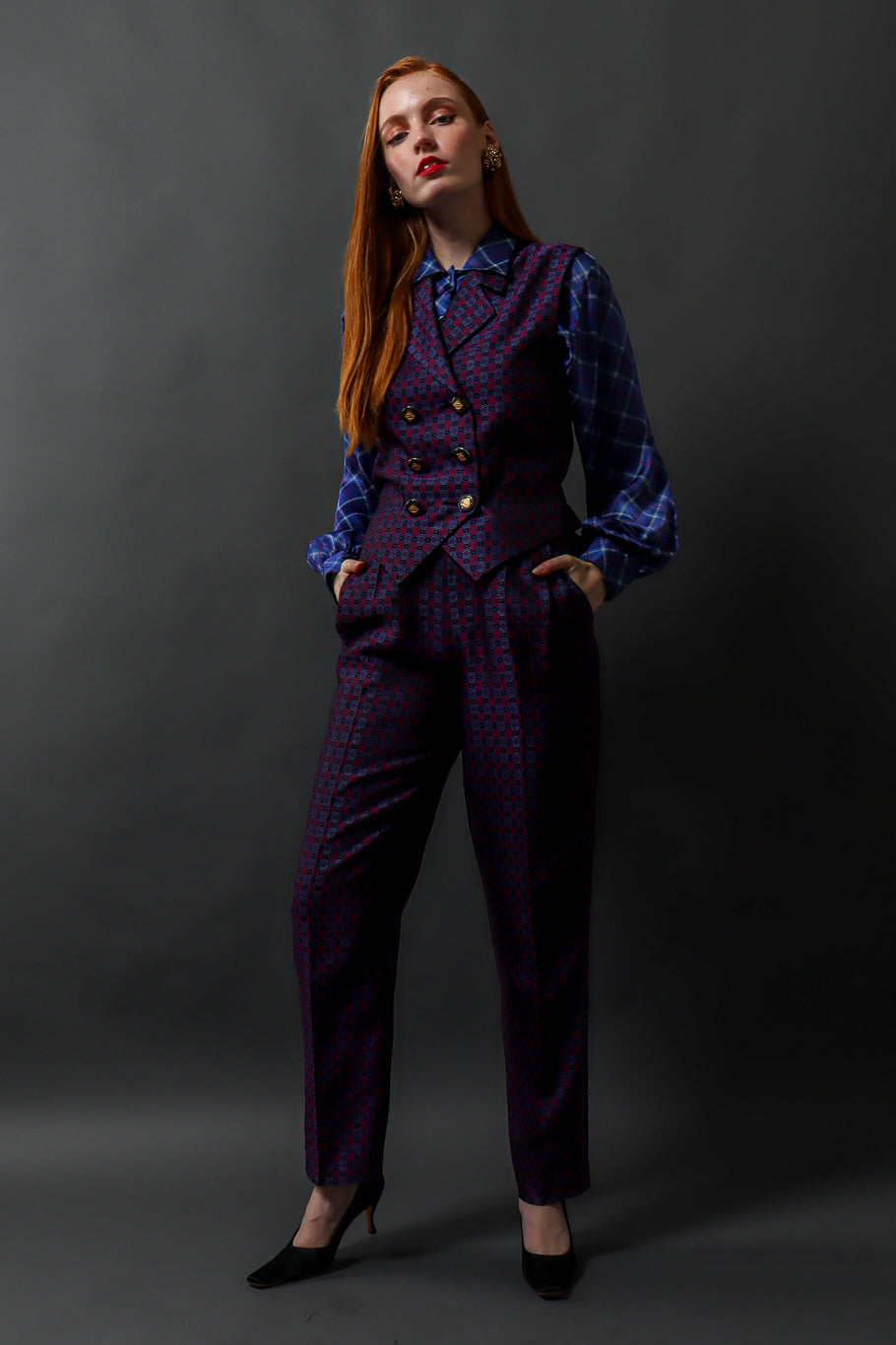 Vintage 90s Yves Saint Laurent Geo Checker Vest & Pant Suit Set on model @ Recess LA