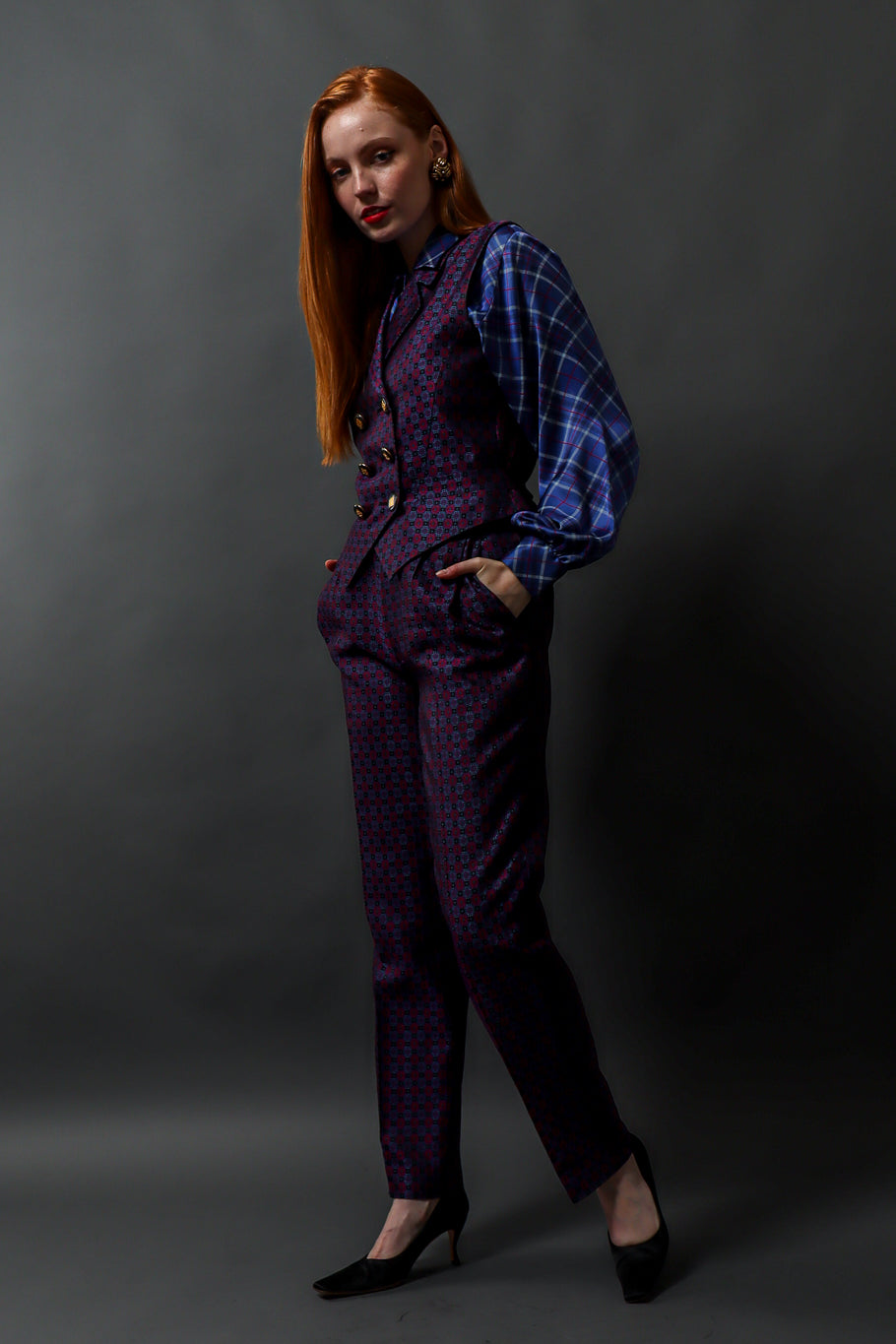 Vintage 90s Yves Saint Laurent Geo Checker Vest & Pant Suit Set on model @ Recess LA