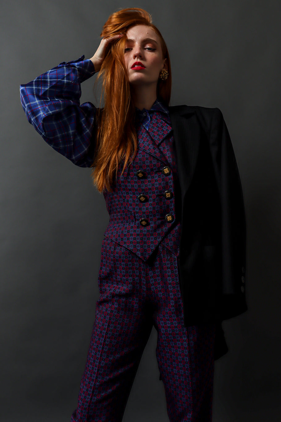 Vintage 90s Yves Saint Laurent Geo Checker Vest & Pant Suit Set on model @ Recess LA