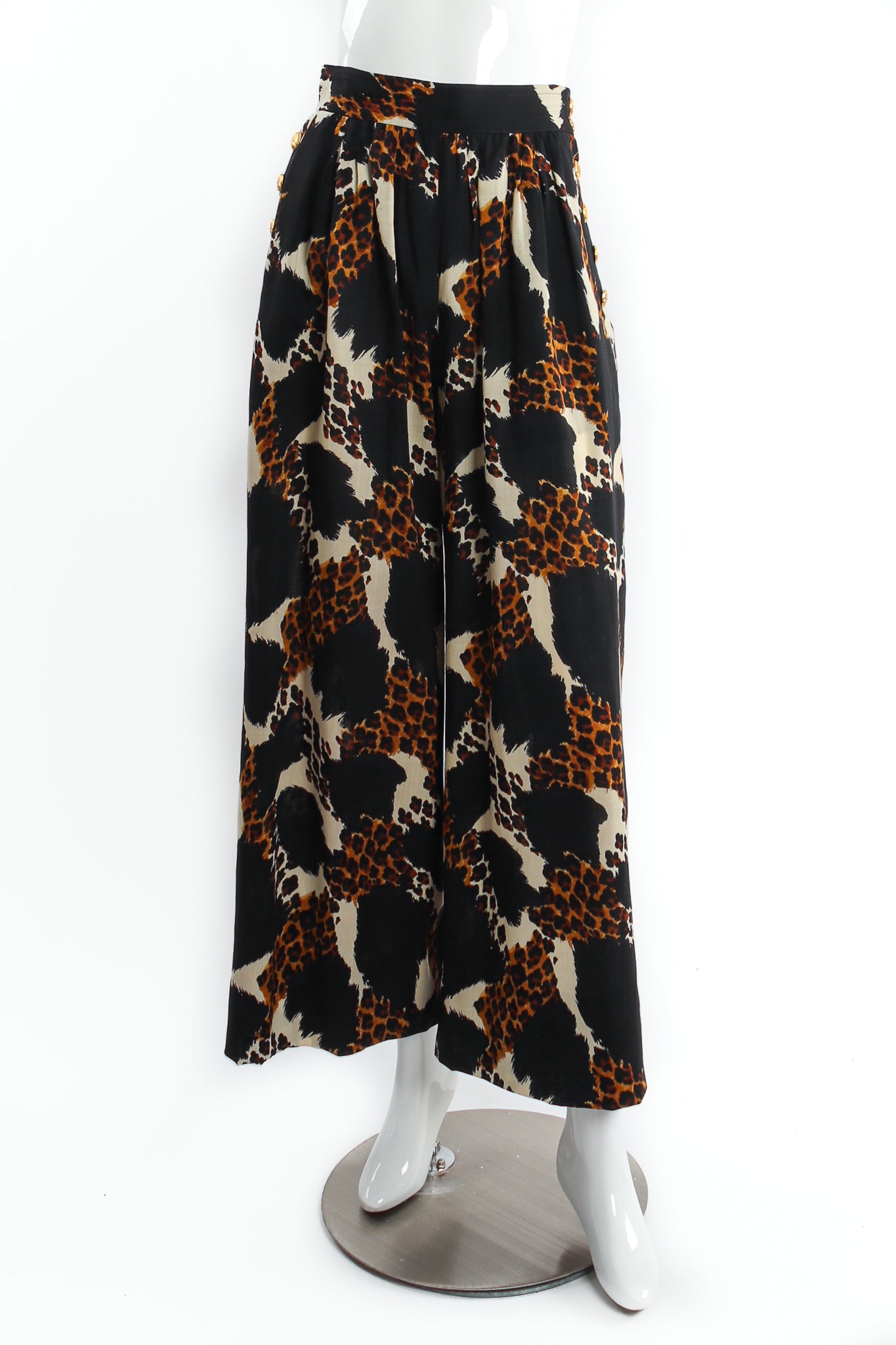 Vintage Yves Saint Laurent YSL Cropped Wide Leg Animal Safari Pant on Mannequin front at Recess LA