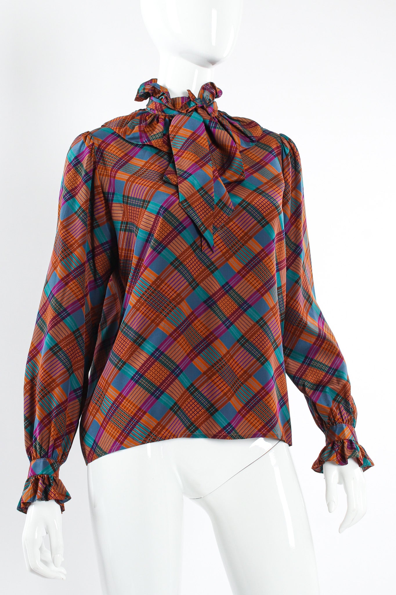 Vintage Saint Laurent Crosshatch Ruffle SIlk Blouse mannequin angle @ Recess LA