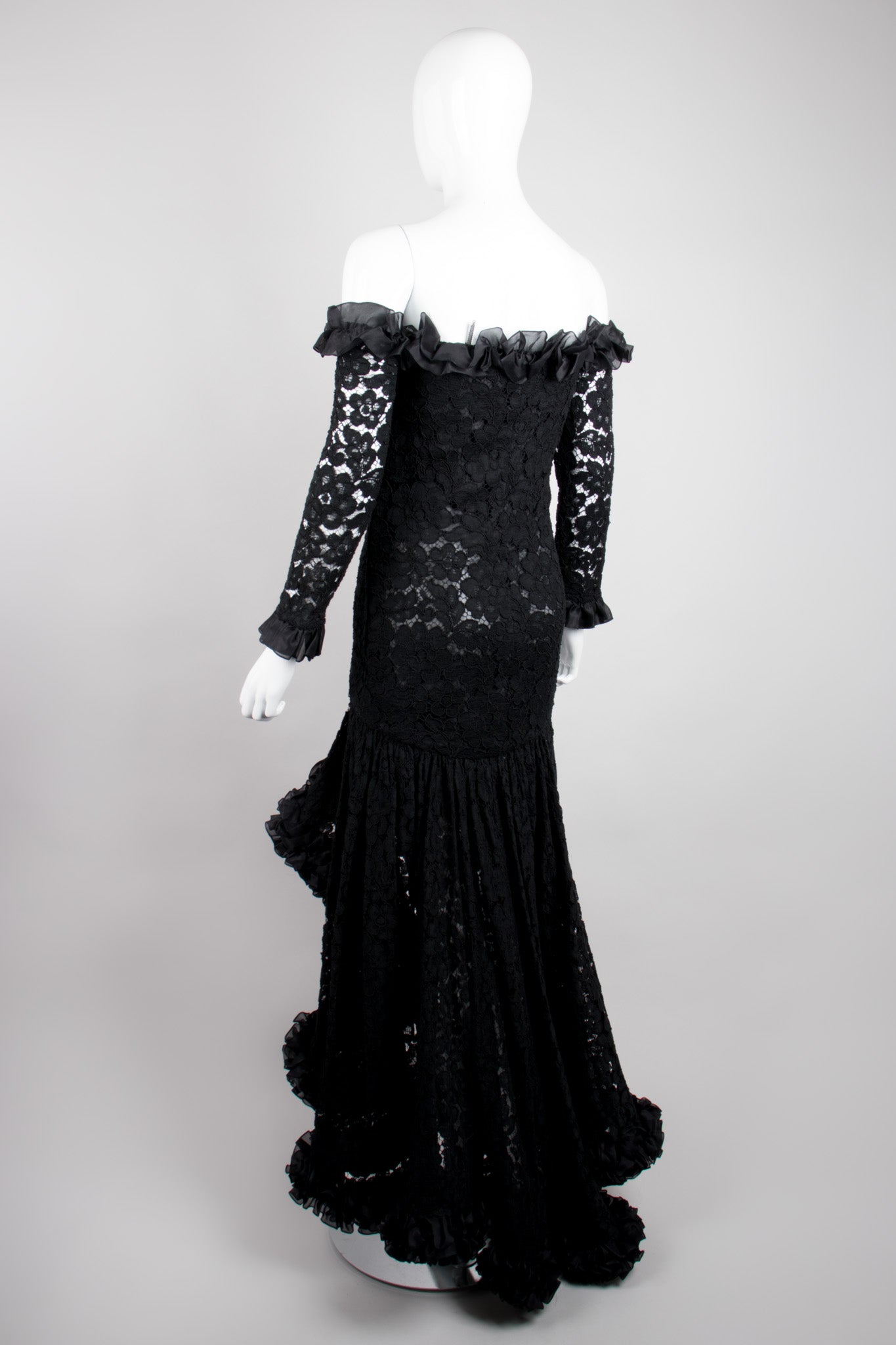 YSL Yves Saint Laurent Rive Gauche Sheer Lace Ruffle Hi-Lo Gown