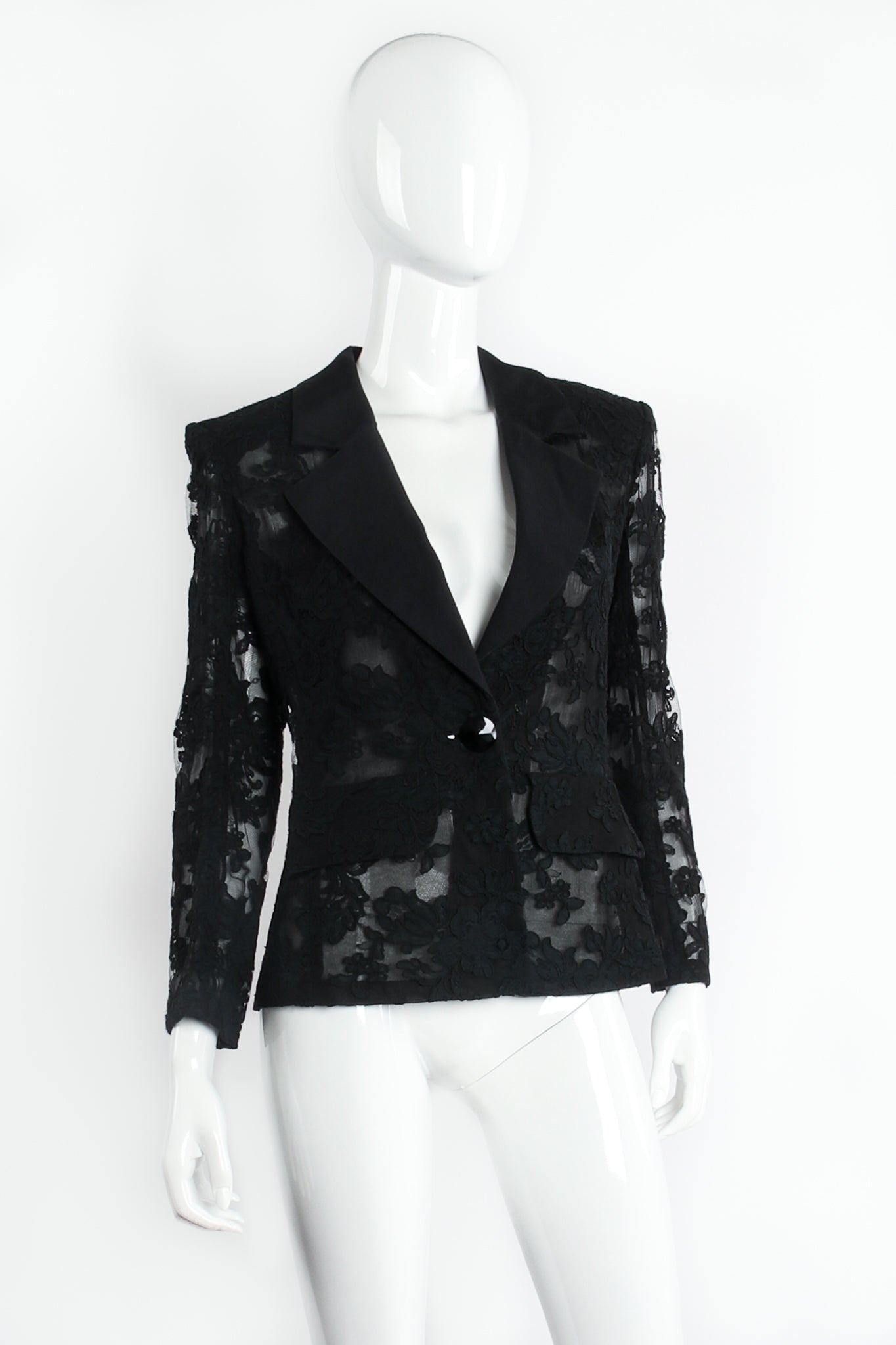 Vintage Yves Saint Laurent Alençon Lace Tuxedo Jacket on Mannequin Front at Recess LA