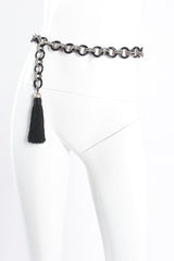 Vintage Yves Saint Laurent YSL Bakelite Ball Chain Tassel Belt on mannequin at Recess Los Angeles