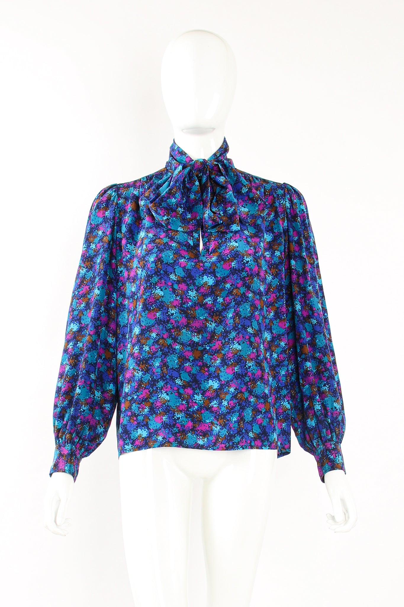 Vintage YSL Yves Saint Laurent Silk Splatter Bow Blouse on Mannequin front at Recess Los Angeles