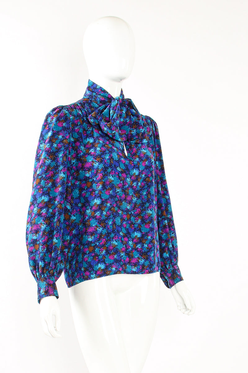 Vintage YSL Yves Saint Laurent Silk Splatter Bow Blouse on Mannequin angle at Recess Los Angeles