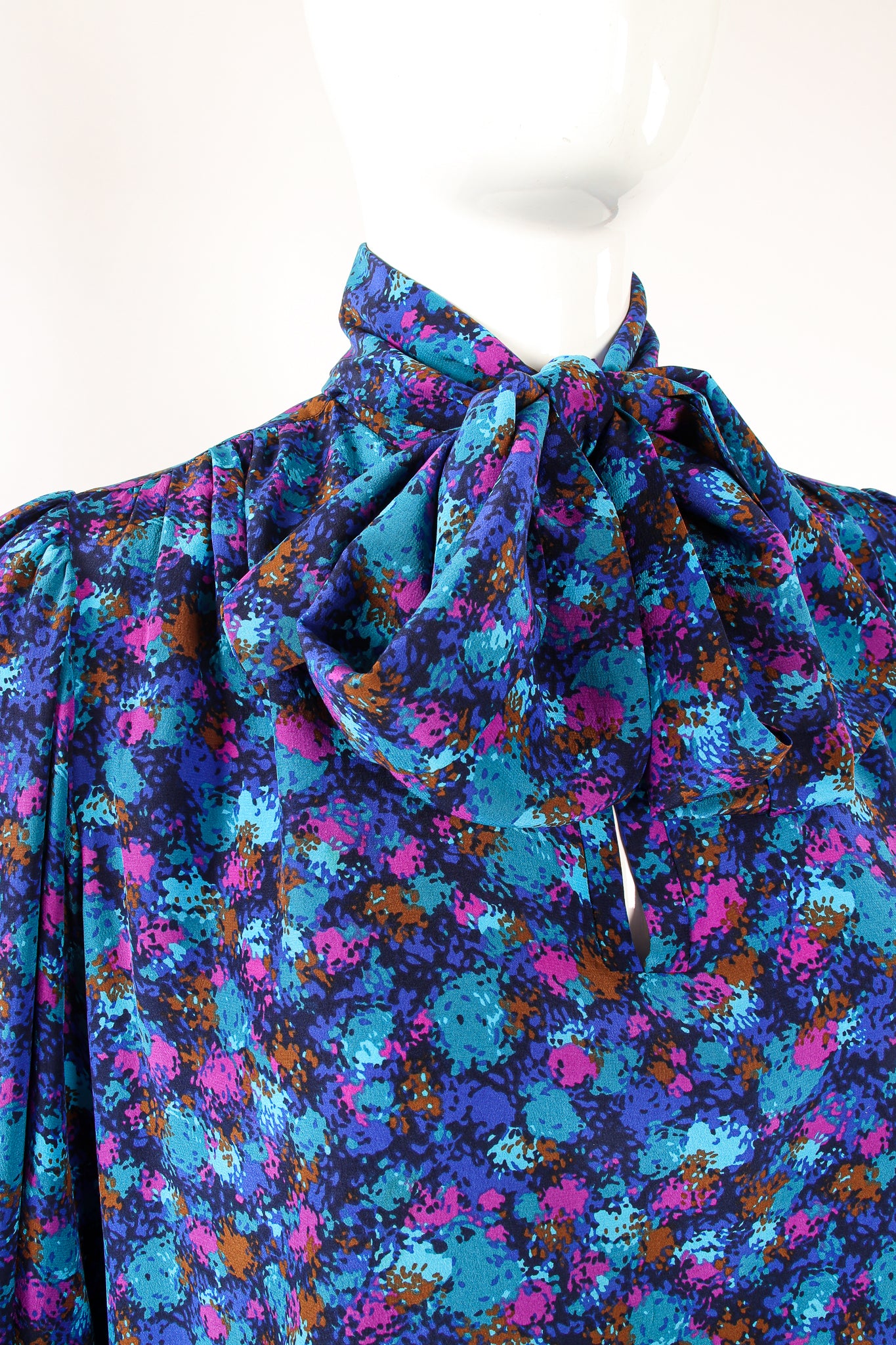 Vintage YSL Yves Saint Laurent Silk Splatter Bow Blouse on Mannequin tie at Recess Los Angeles