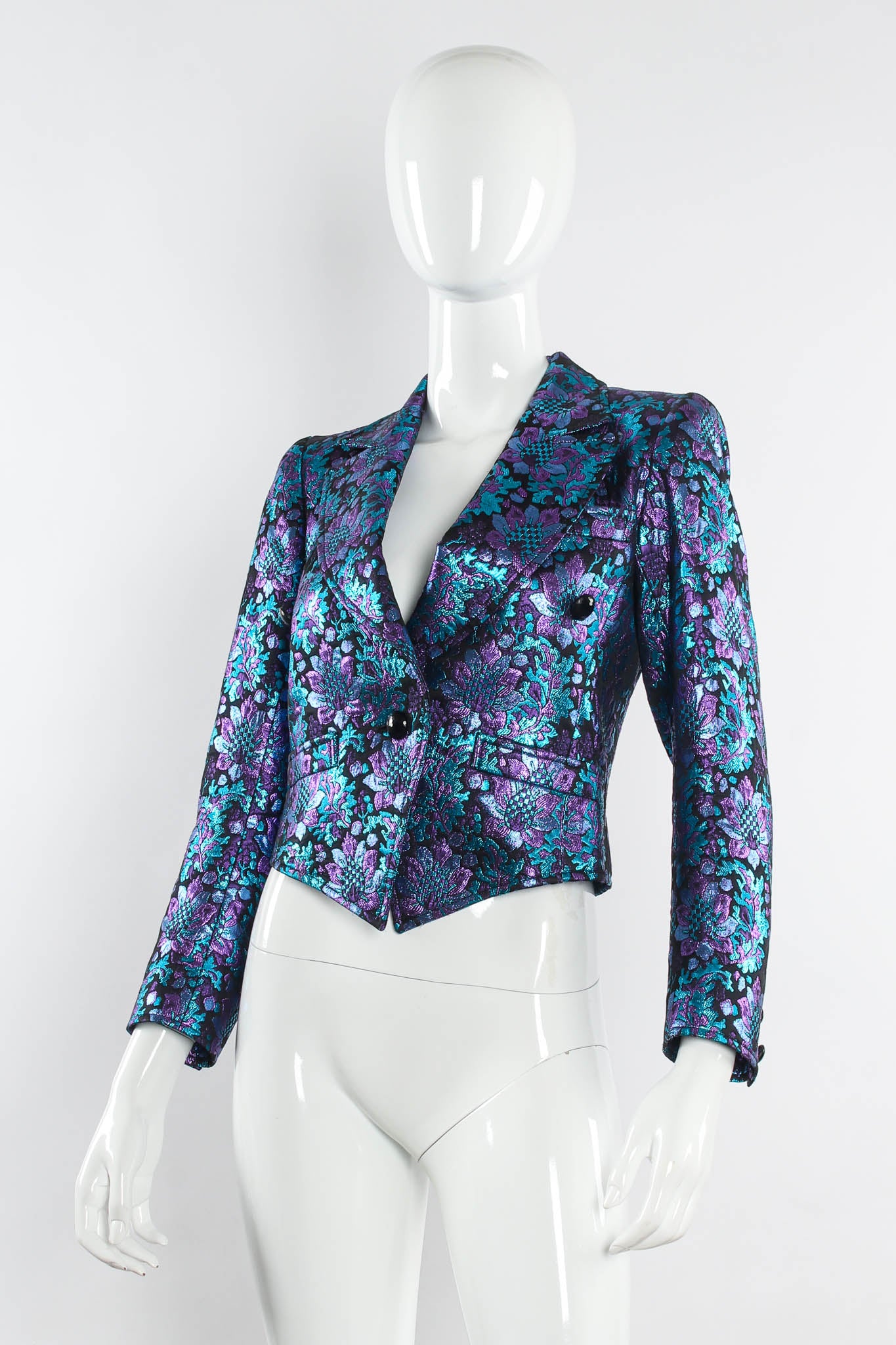 Vintage Saint Laurent 1980s Floral Brocade Metallic Jacket & Bag Set mannequin side angle @ Recess LA