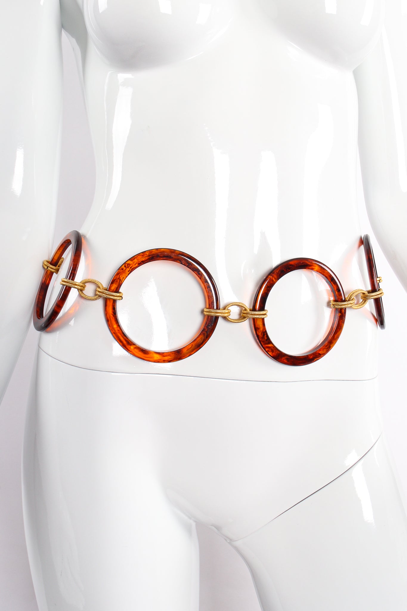 Vintage Yves Saint Laurent Tortoise Lucite Rings Chain Link Belt on Mannequin Front at Recess LA