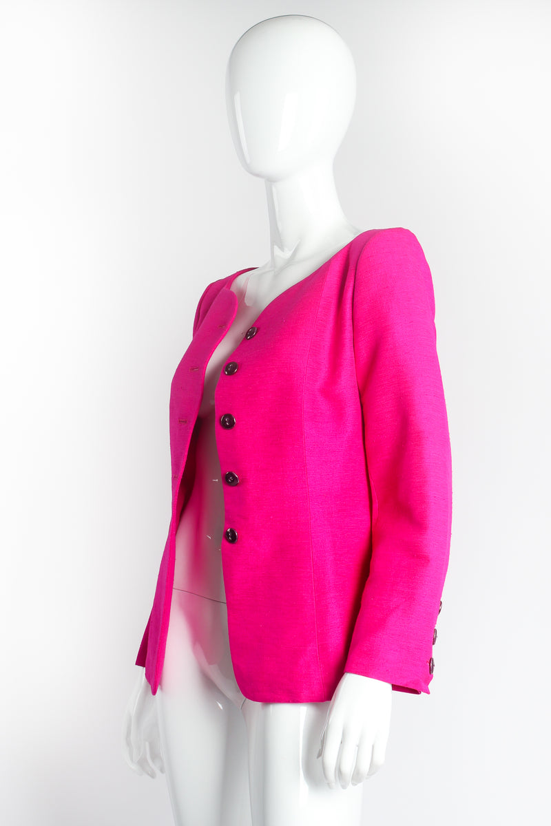 Vintage Yves Saint Laurent YSL Hot Neon Silk Jacket Suit Set on mannequin angle @ Recess LA