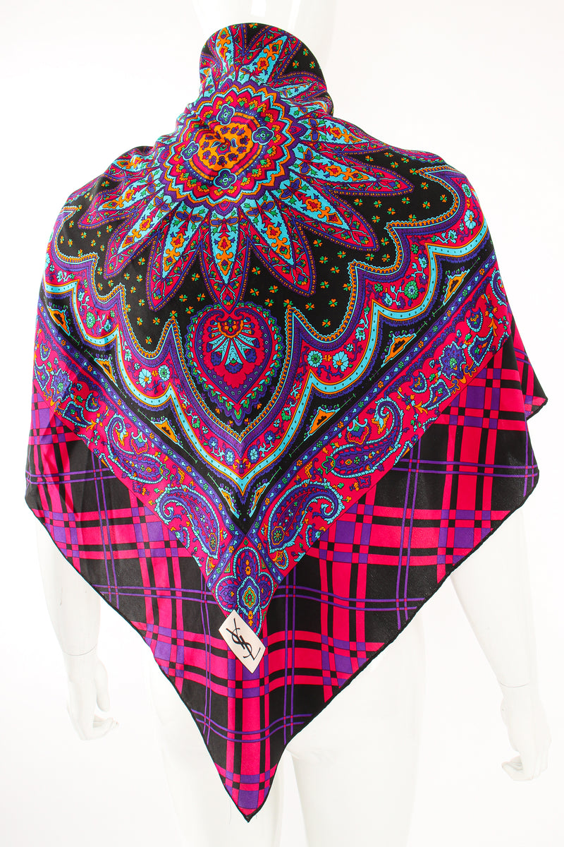 Vintage YSL Yves Saint Laurent Plaid Paisley Mandala Silk Scarf on Mannequin at Recess Los Angeles