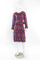 Vintage Saint Laurent Floral Plaid Silk Pleated Dress mannequin front @ Recess LA