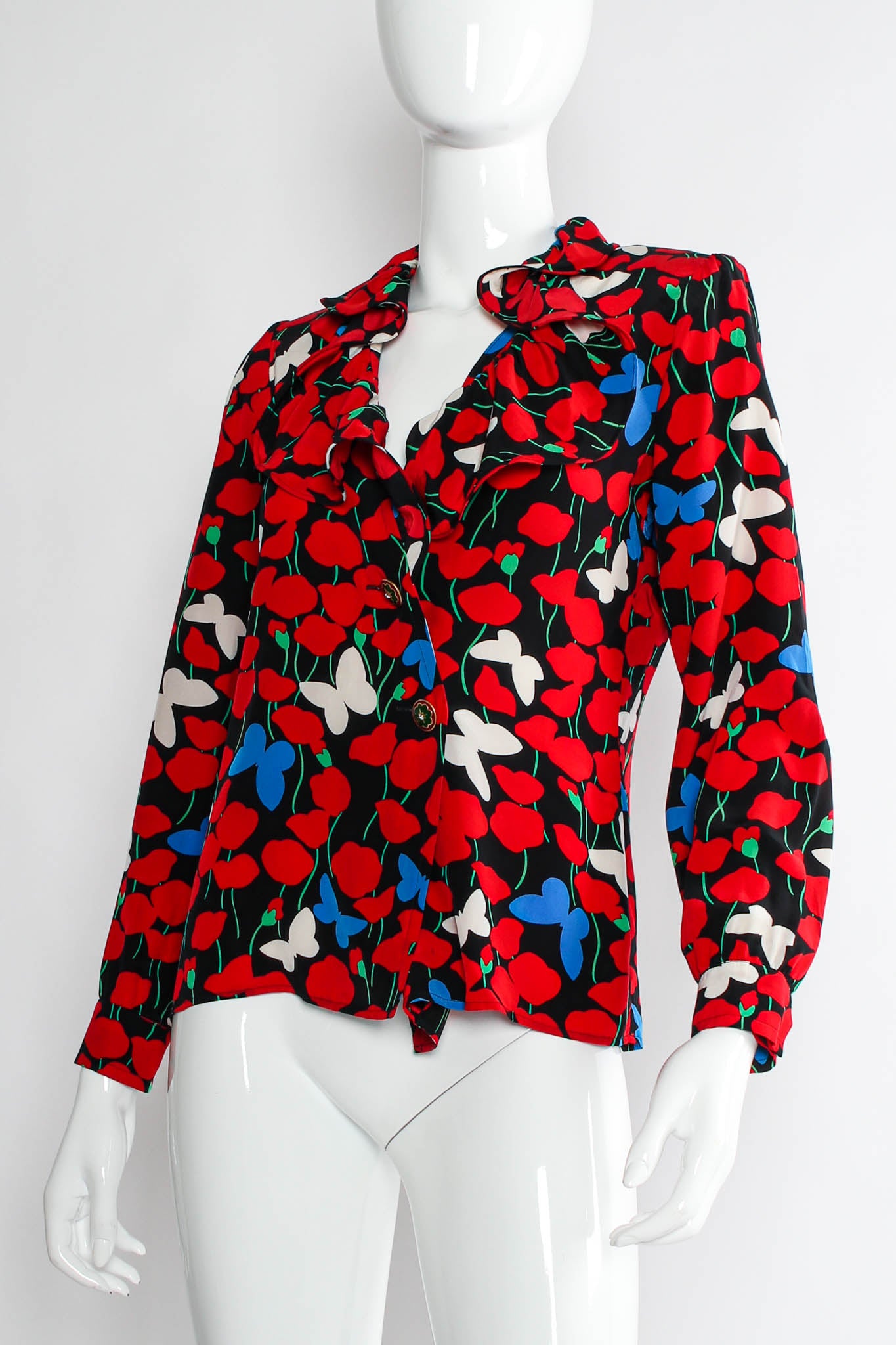 Vintage Yves Saint Laurent Poppy & Butterflies Wrap Blouse mannequin angle  @ Recess LA