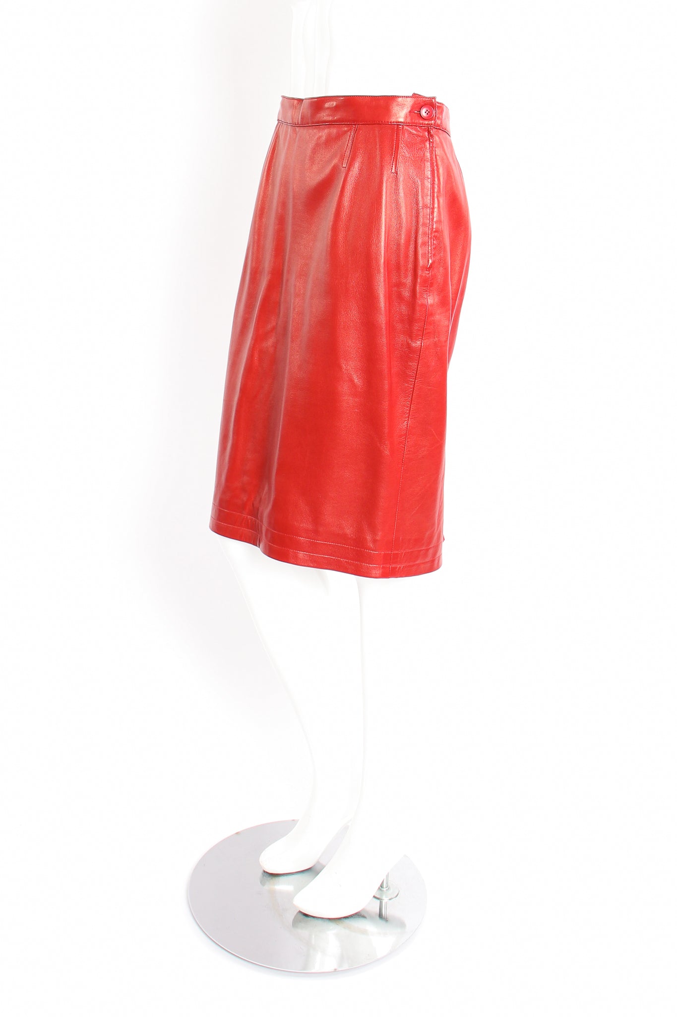 Vintage YSL Yves Saint Laurent 1988 Red Leather Skirt Suit on Mannequin Skirt side at Recess LA