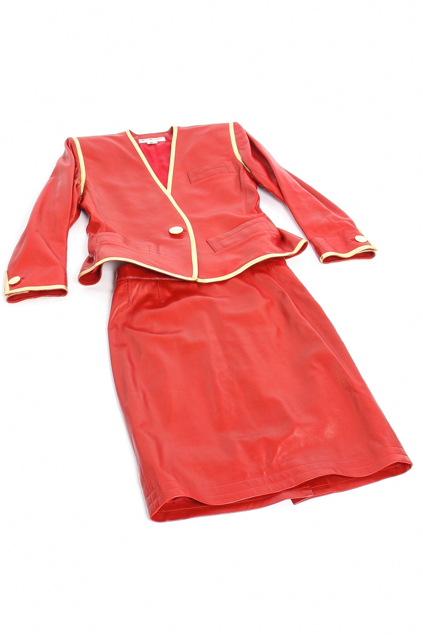 Vintage YSL Yves Saint Laurent 1988 Red Leather Skirt Suit flat at Recess Los Angeles