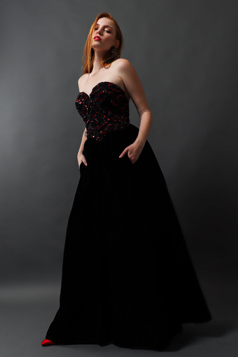 Vintage Yves Saint Laurent Sweetheart Sequin Lace Velvet Gown on model Emily @ Recess LA