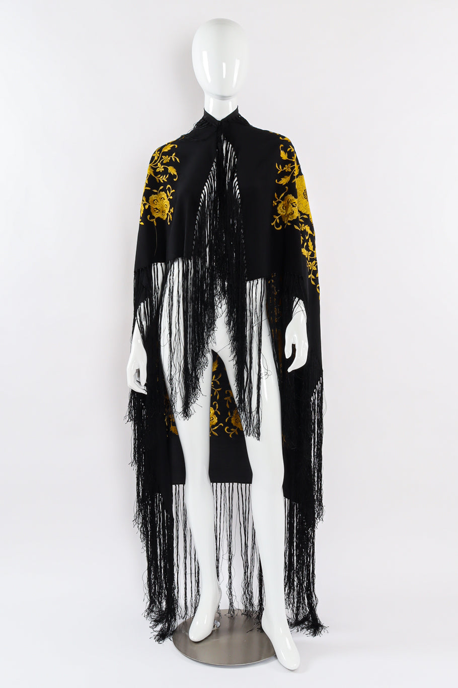 Vintage Leaf Floral Embroidered Fringe Piano Shawl mannequin front full length @ Recess LA