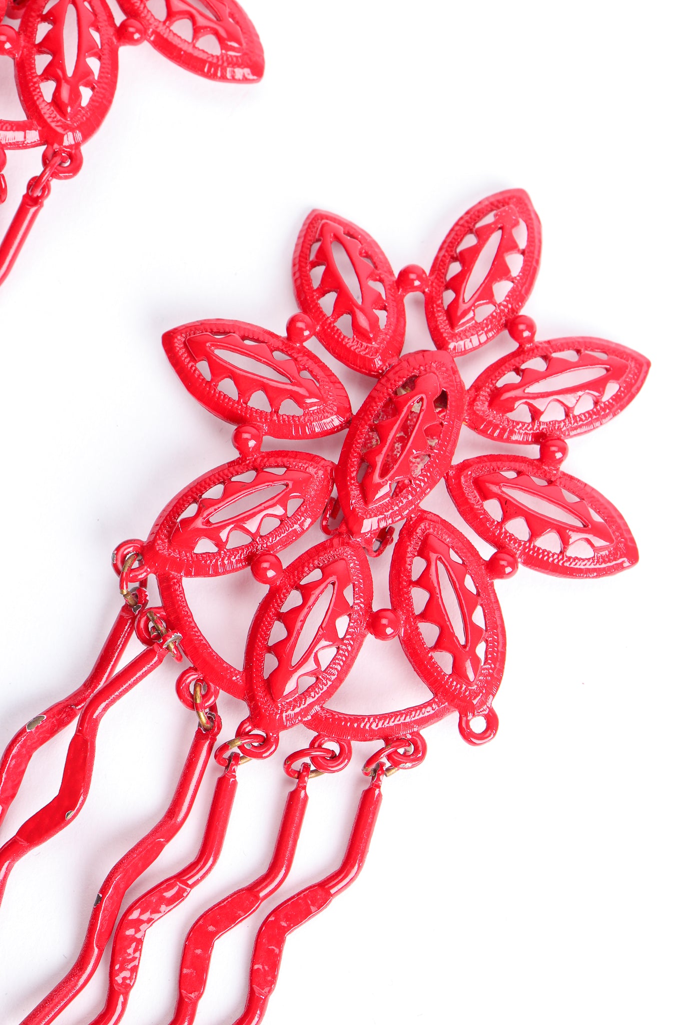 Vintage Yohai Red Flower Fringe Earring detail at Recess Los Angeles