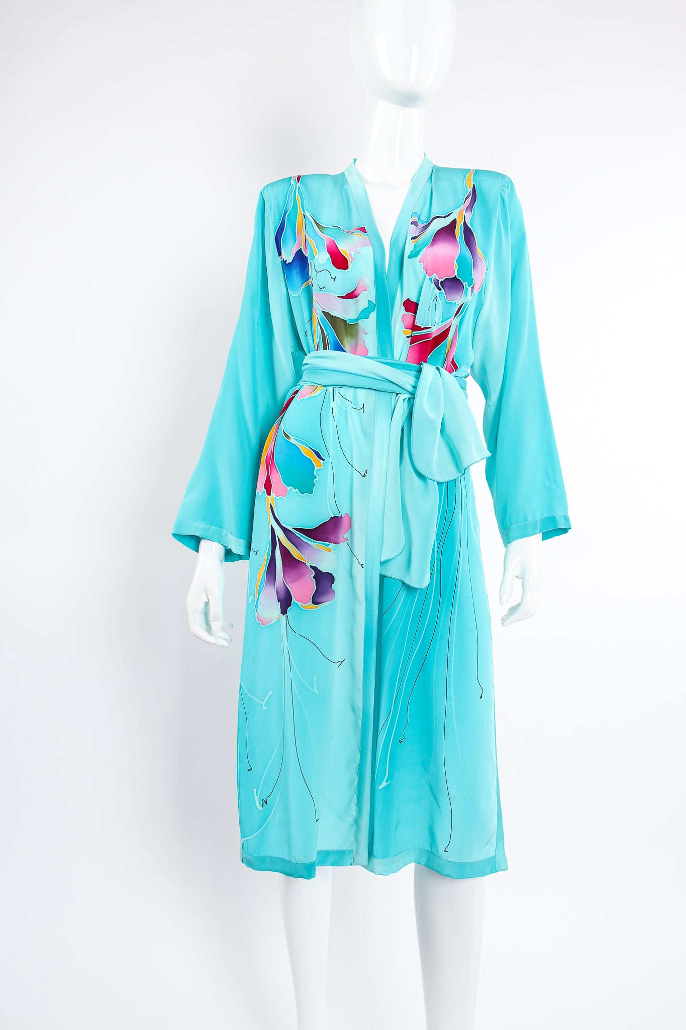 Vintage Yolanda Lorente Floral Hand Painted Silk Kimono Duster on Mannequin front crop @ Recess LA