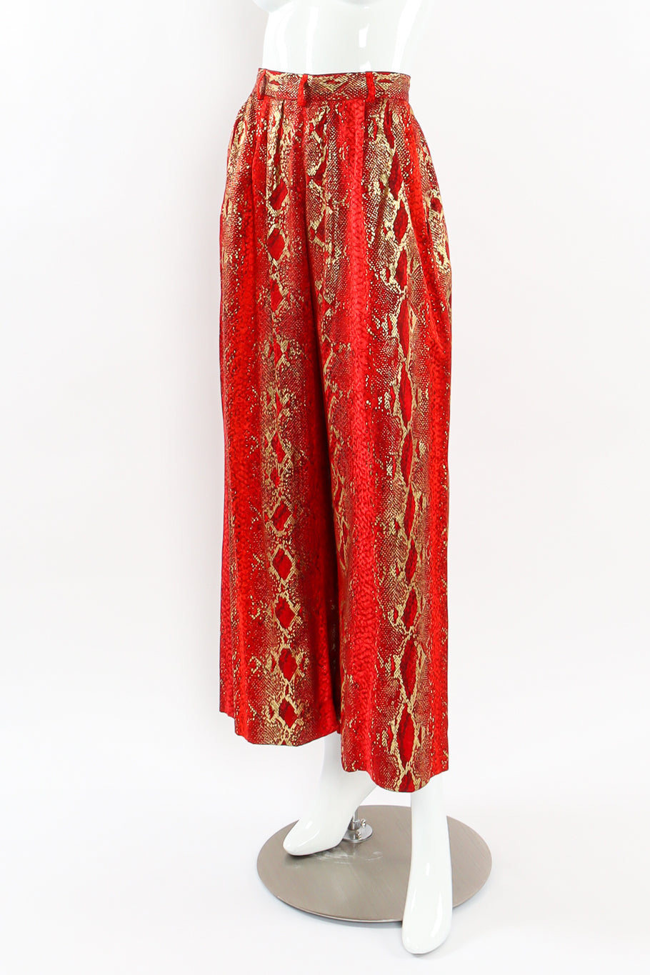 Vintage Yves Saint Laurent Metallic Snake Print Silk Pant mannequin front angle @ Recess LA