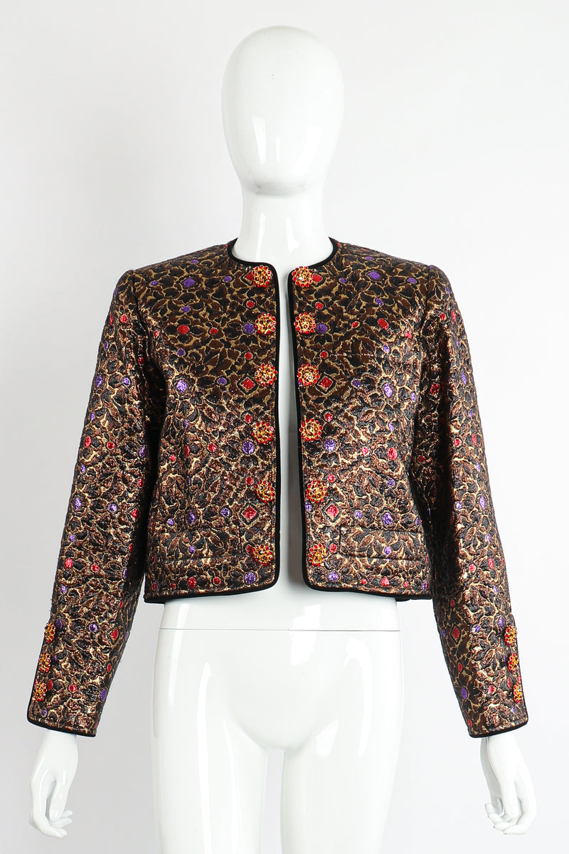 Vintage Yves Saint Laurent YSL Brocade Crop Jacket on Mannequin front open at Recess Los Angeles