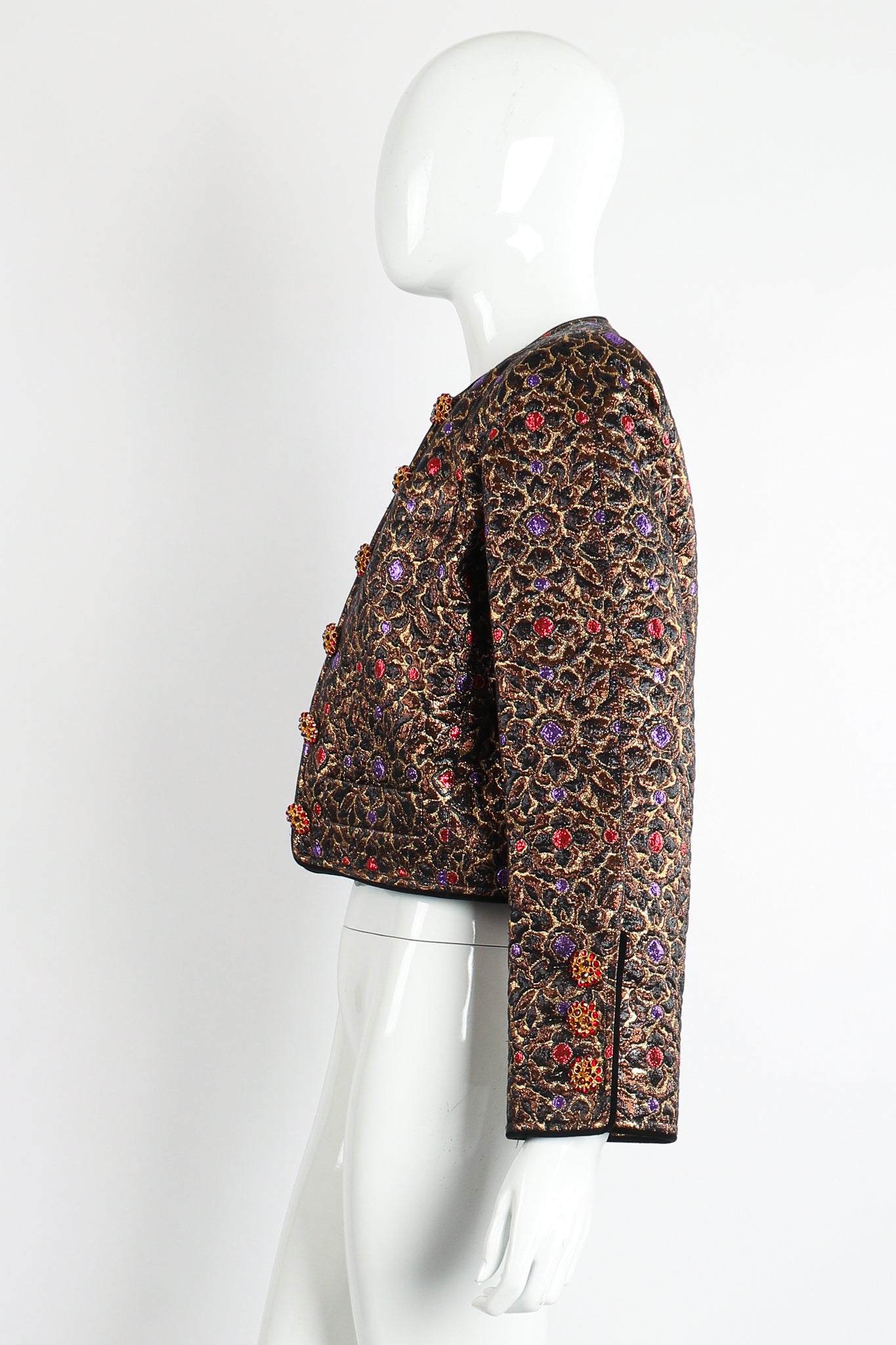 Vintage Yves Saint Laurent YSL Brocade Crop Jacket on Mannequin side at Recess Los Angeles