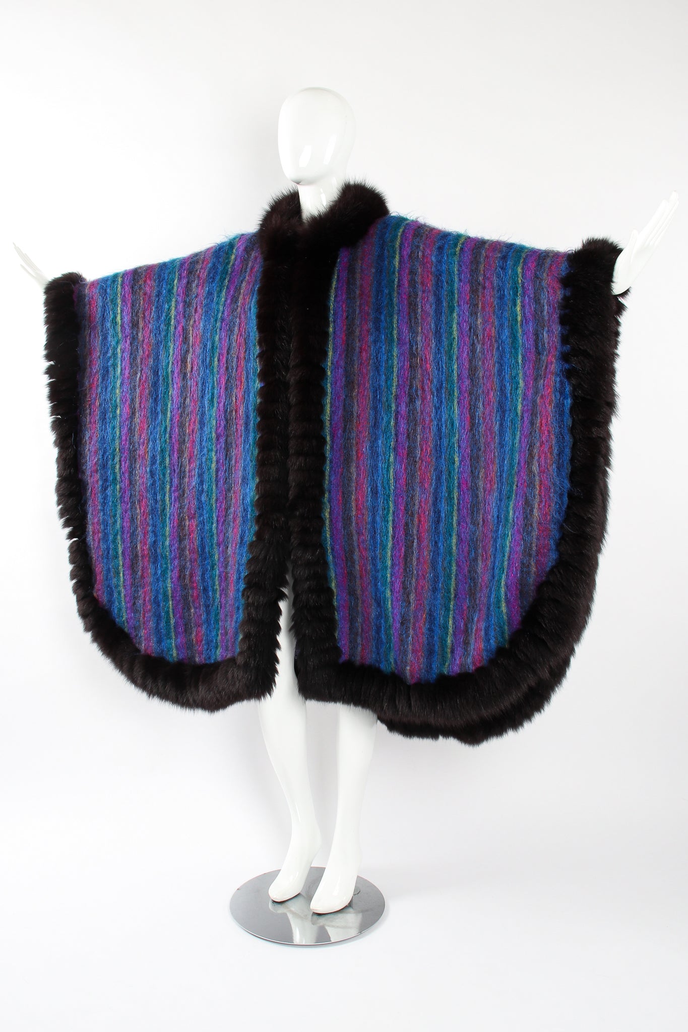 Vintage YSL Yves Saint Laurent Striped Fur Poncho Cape on Mannequin front close at Recess LA