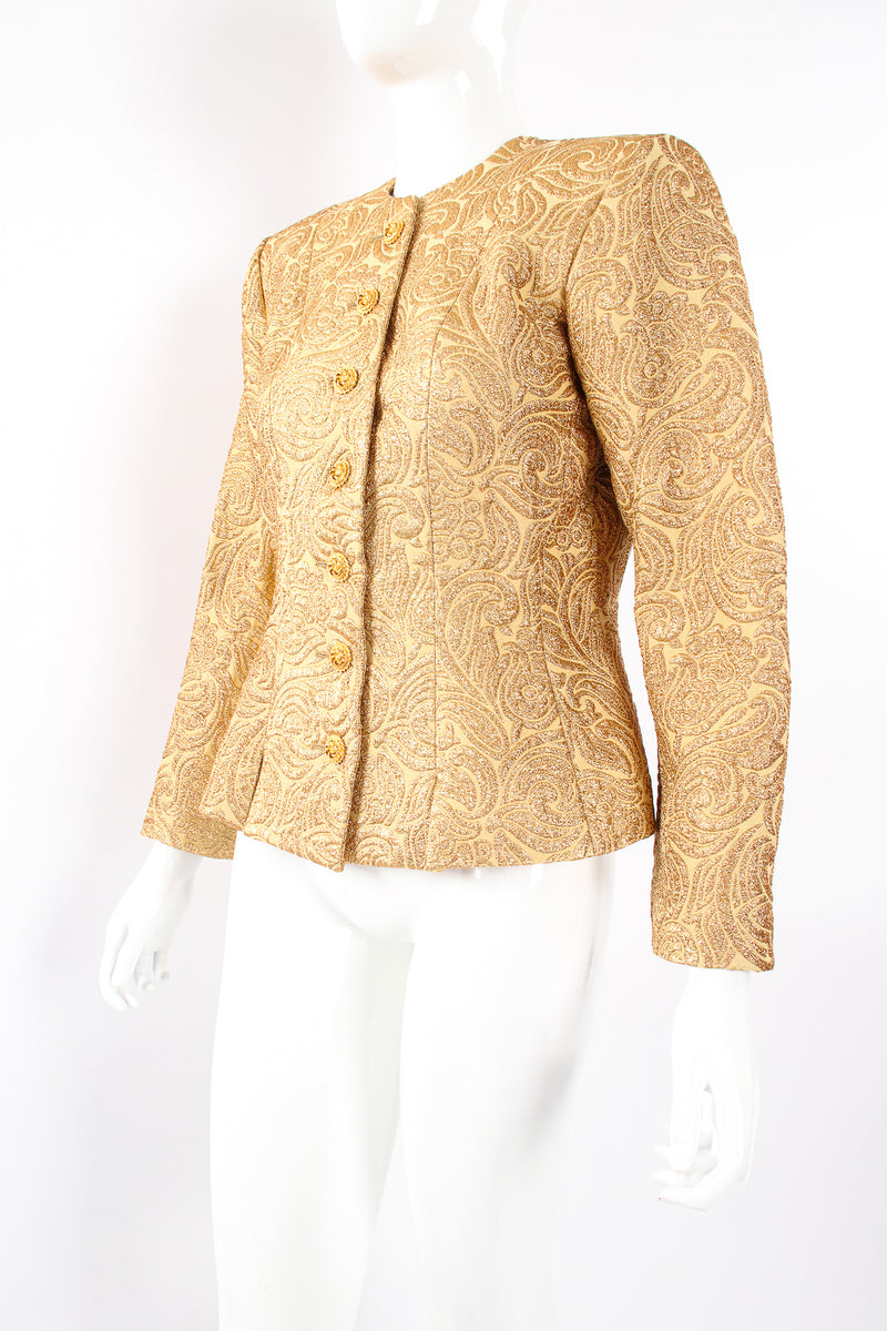 Vintage Yves Saint Laurent YSL Golden Brocade Jacket on Mannequin angle at Recess Los Angeles