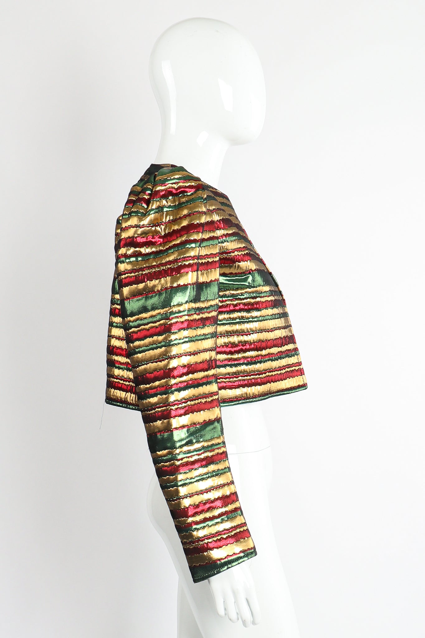 Vintage Yves Saint Laurent Silk Stripe Bolero Jacket on Mannequin Side at Recess Los Angeles