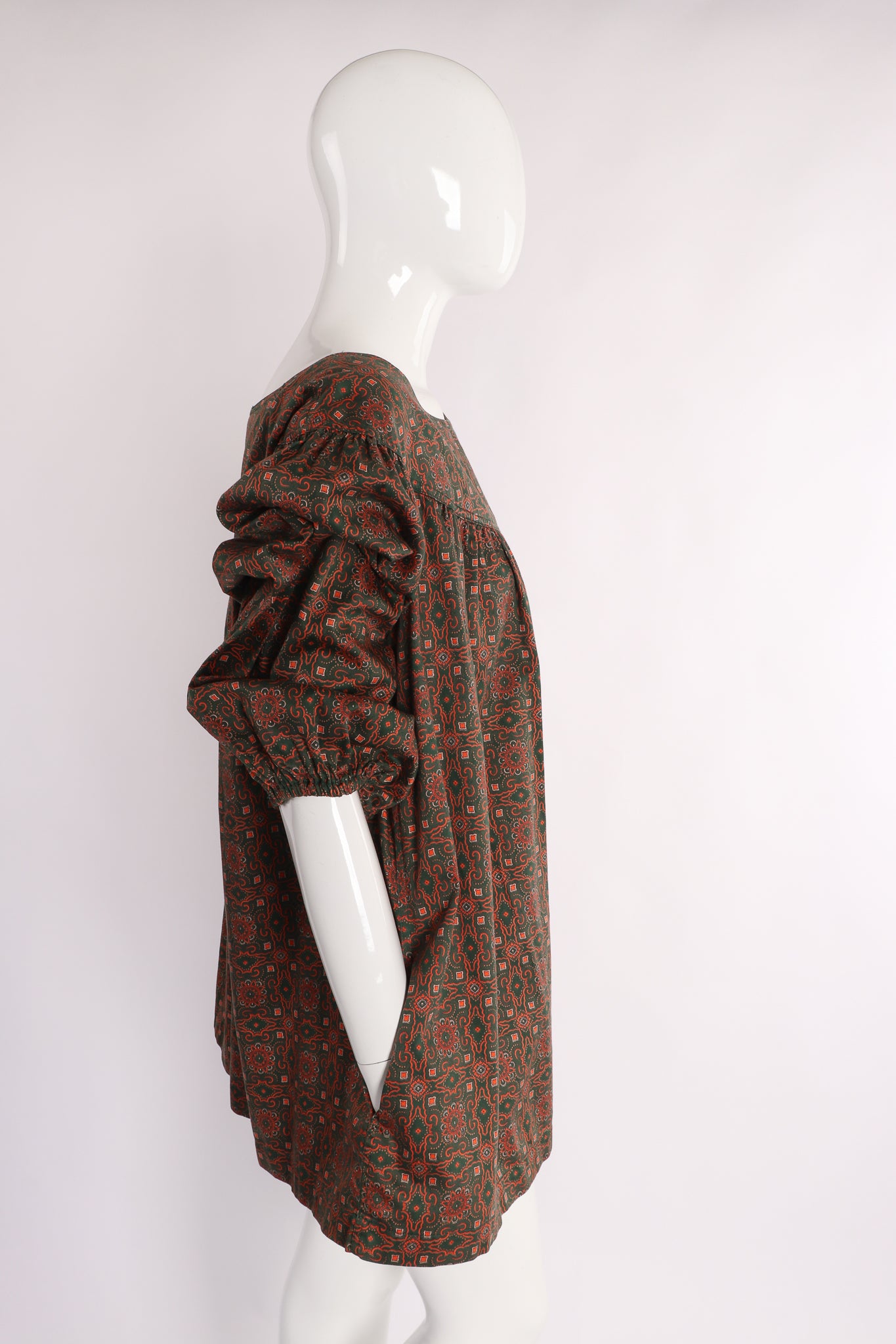 Vintage Yves Saint Laurent YSL Olive Moroccan Tile Print Tunic on Mannequin side at Recess LA