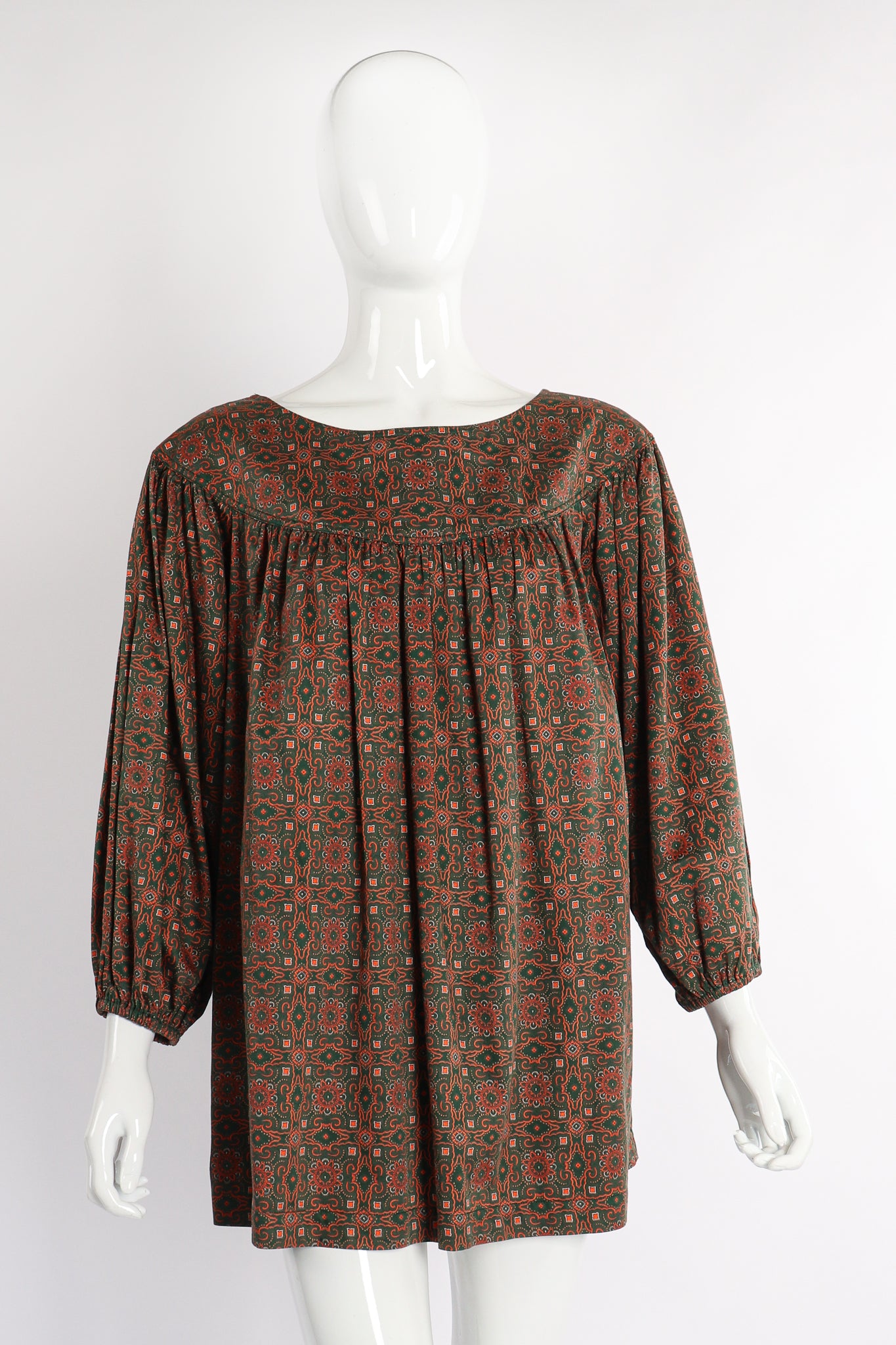 Vintage Yves Saint Laurent YSL Olive Moroccan Tile Print Tunic on Mannequin front at Recess LA