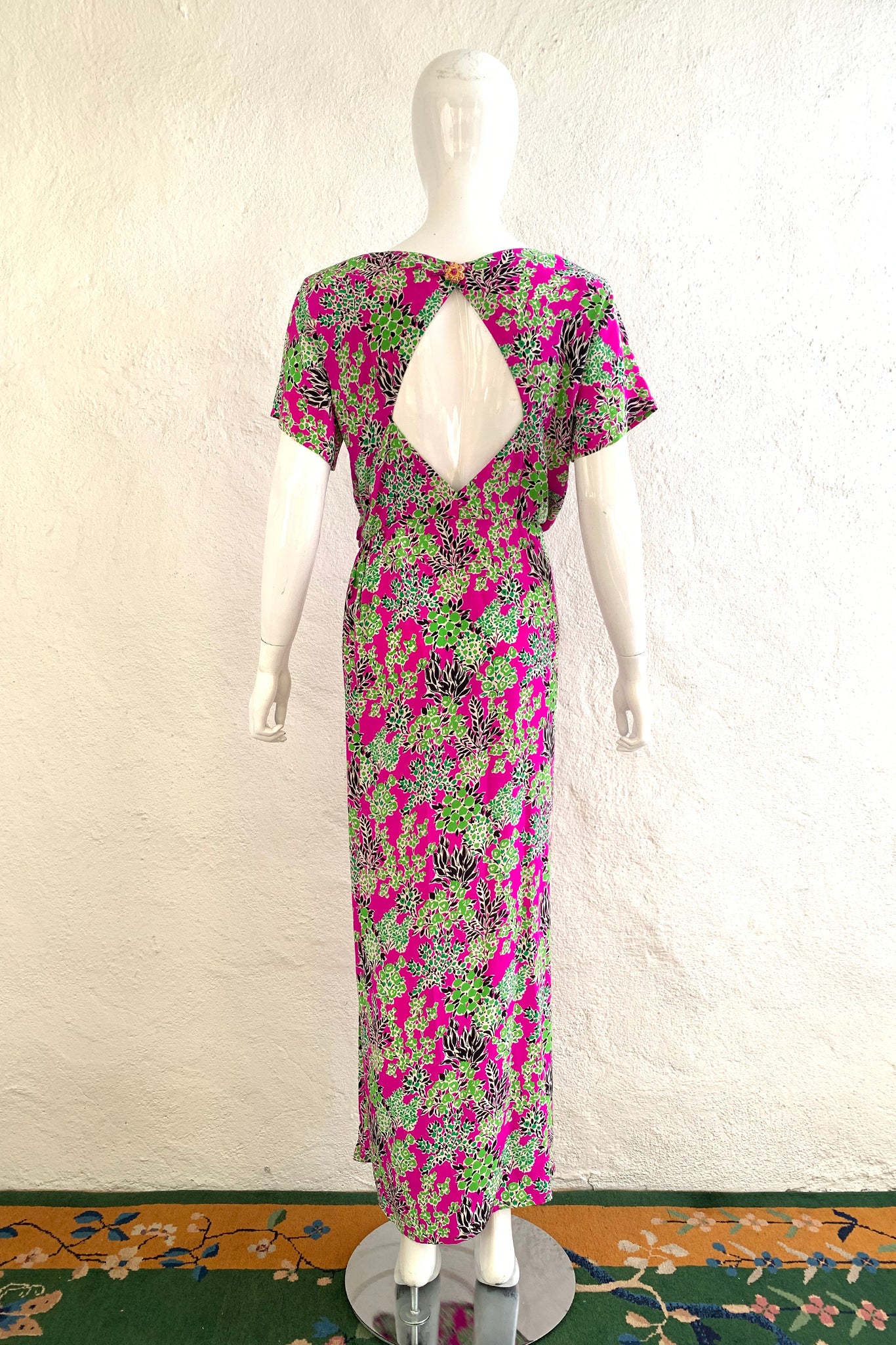 Vintage Yves Saint Laurent YSL Garden Greens Thigh Slit Dress on Mannequin back at Recess LA