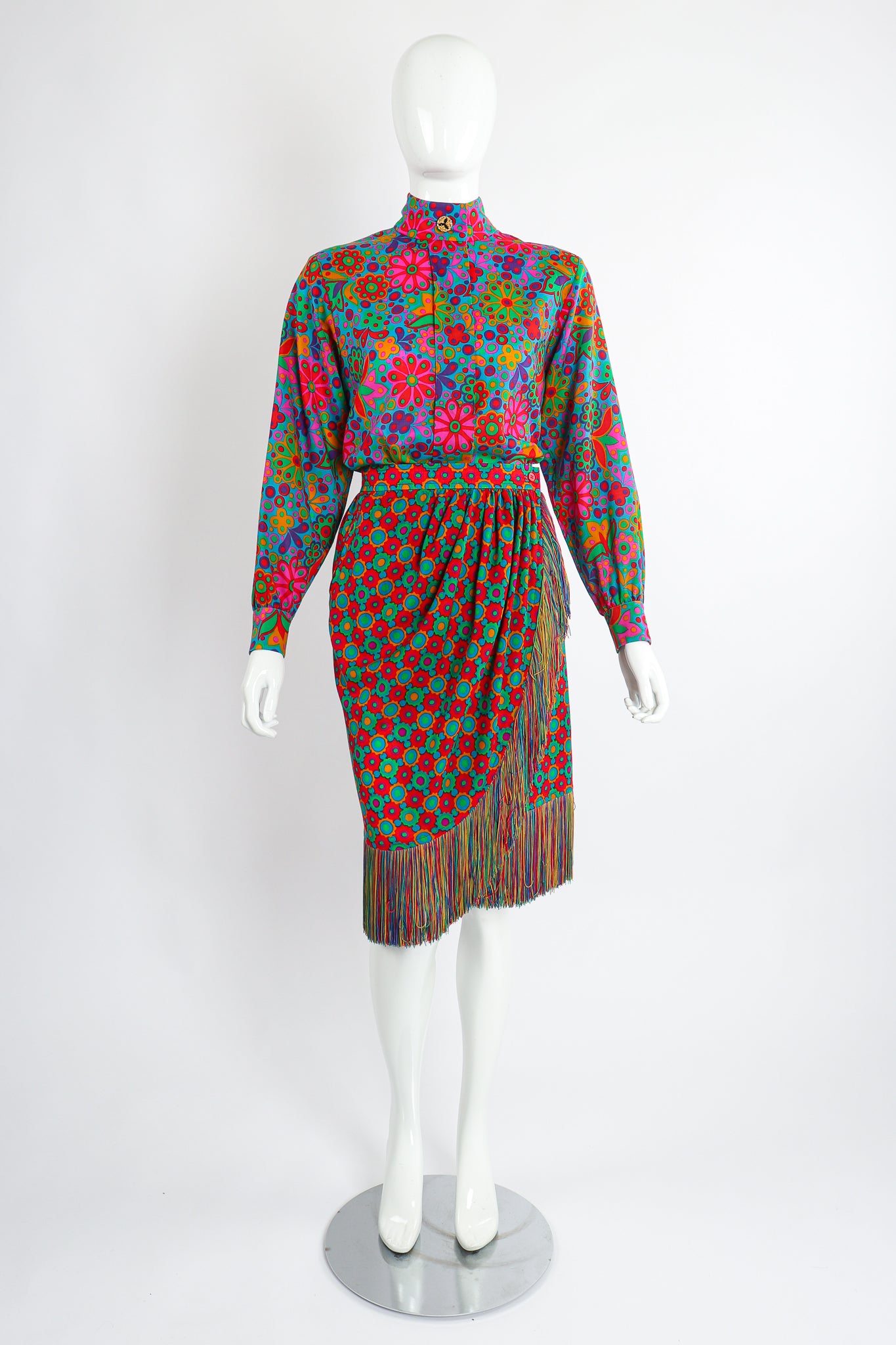 Vintage Yves Saint Laurent YSL 1990 91 Runway Floral Fringe Skirt Set on Mannequin front at Recess