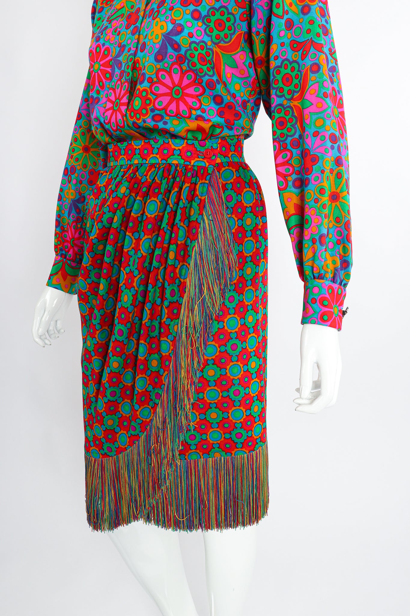 Vintage Yves Saint Laurent YSL 1990 91 Runway Floral Fringe Skirt Set on Mannequin crop at Recess