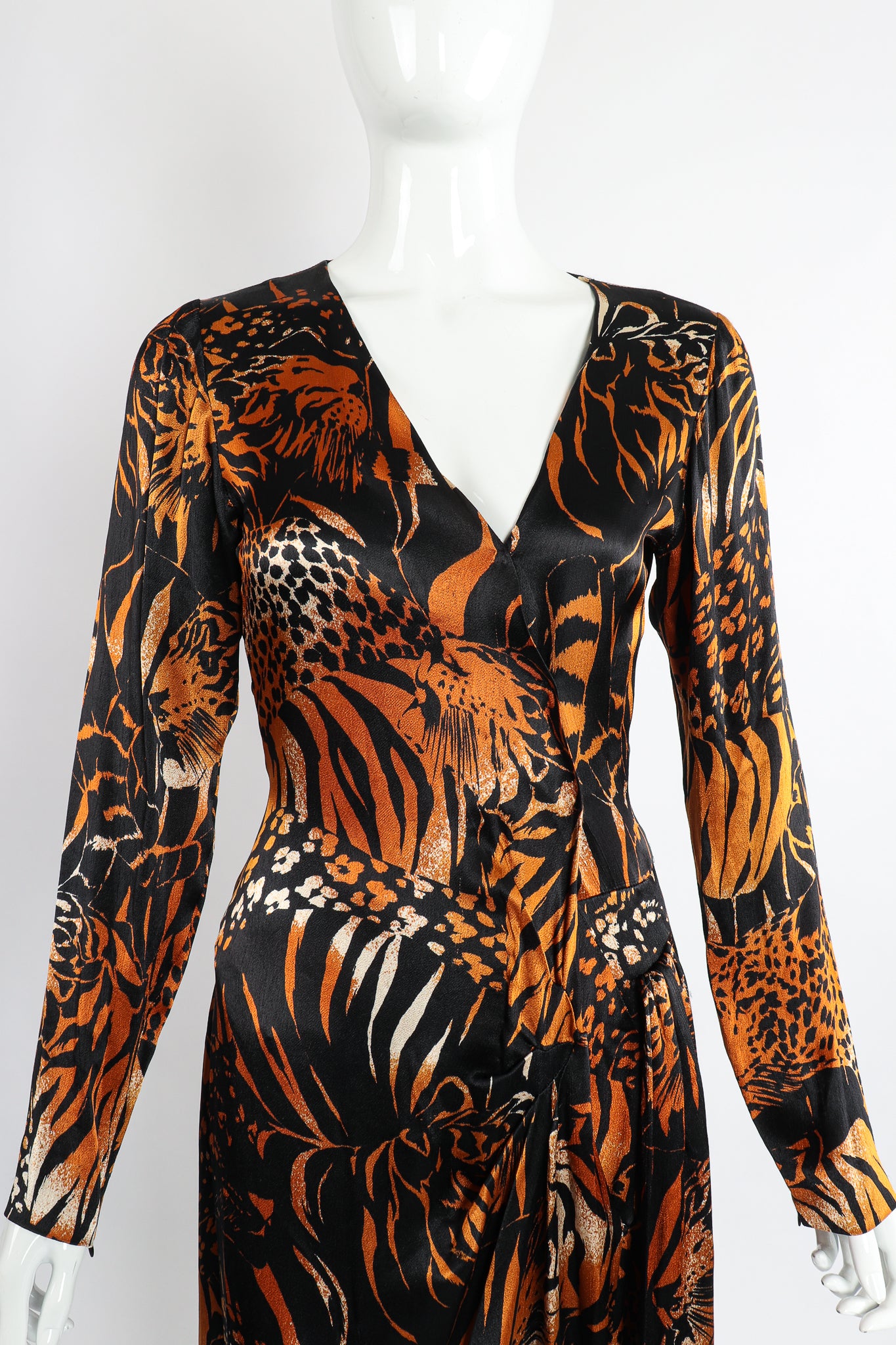 Vintage Yves Saint Laurent YSL Silk Tiger Wrap Dress on Mannequin crop at Recess Los Angeles