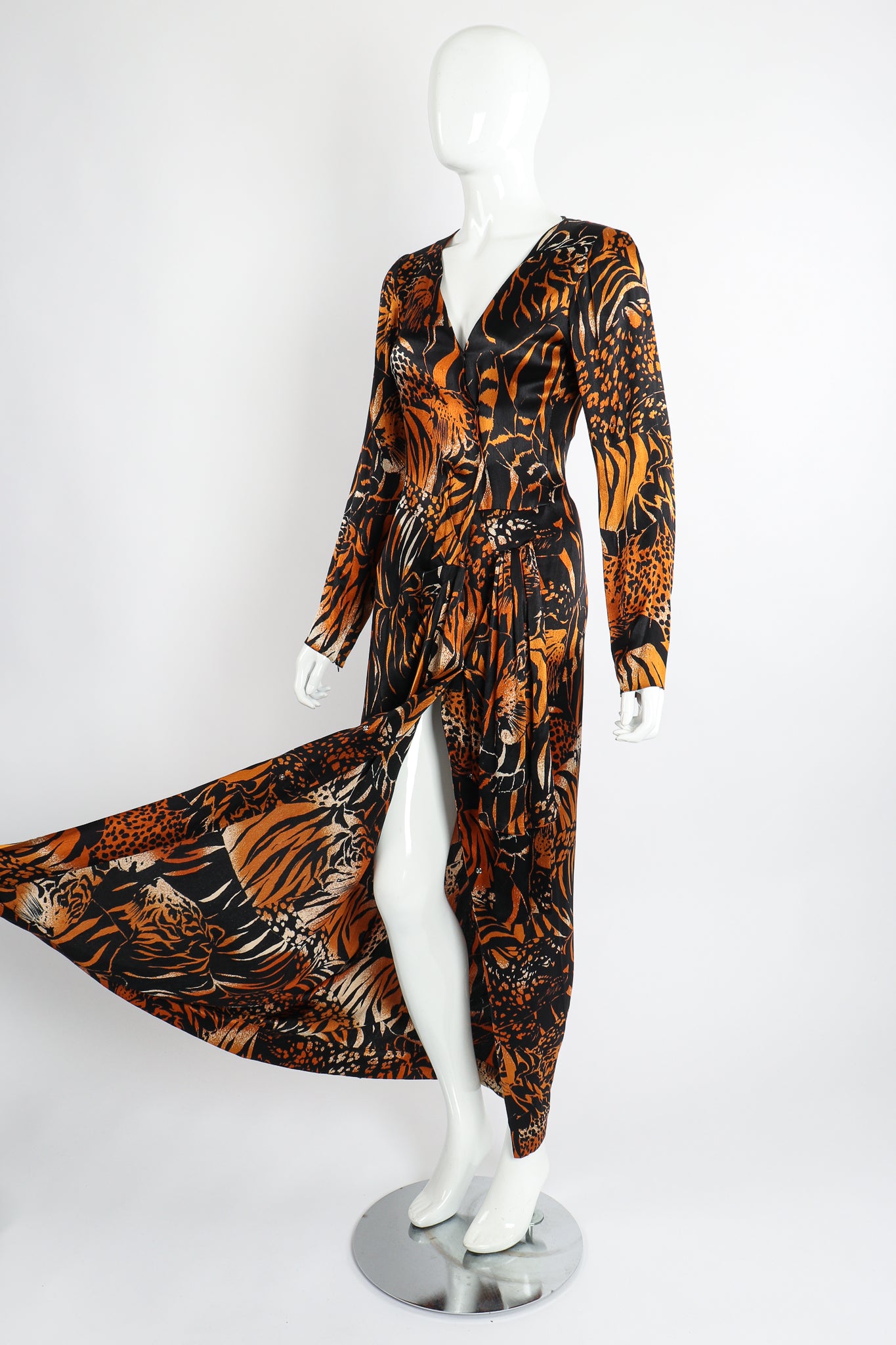 Vintage Yves Saint Laurent YSL Silk Tiger Wrap Dress on Mannequin front opening at Recess LA