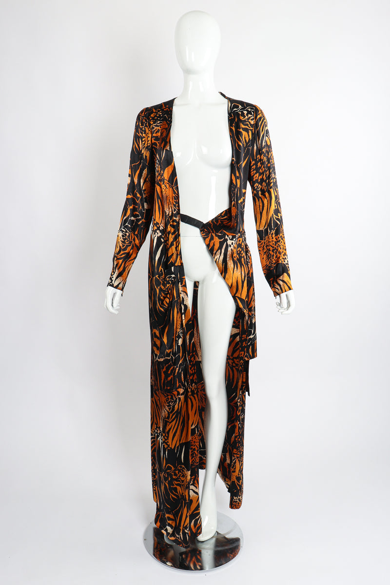 Vintage Yves Saint Laurent YSL Silk Tiger Wrap Dress on Mannequin open at Recess Los Angeles