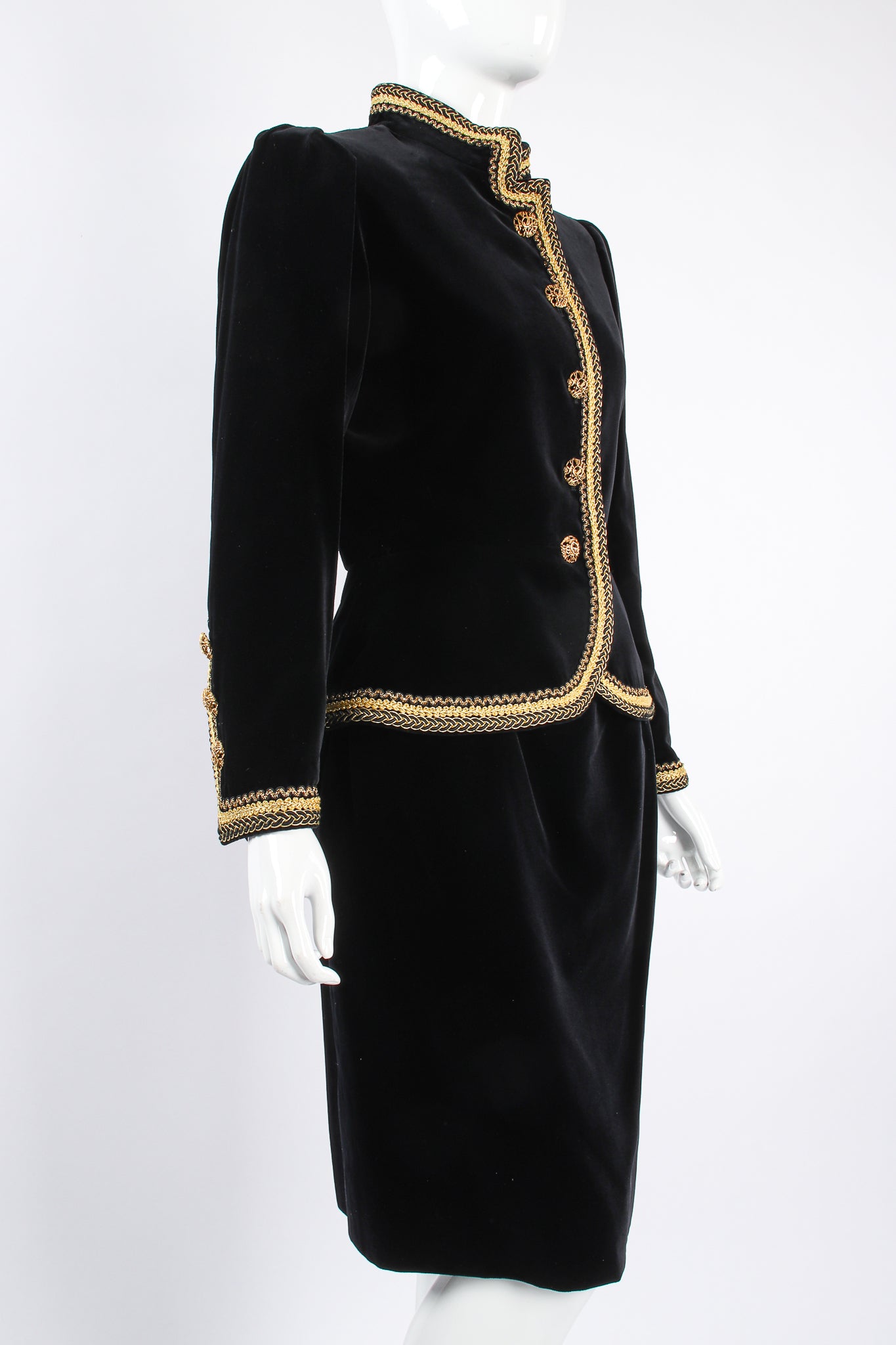 Vintage YSL Yves Saint Laurent Velvet Jacket & Skirt Set Russian on mannequin angle at Recess LA