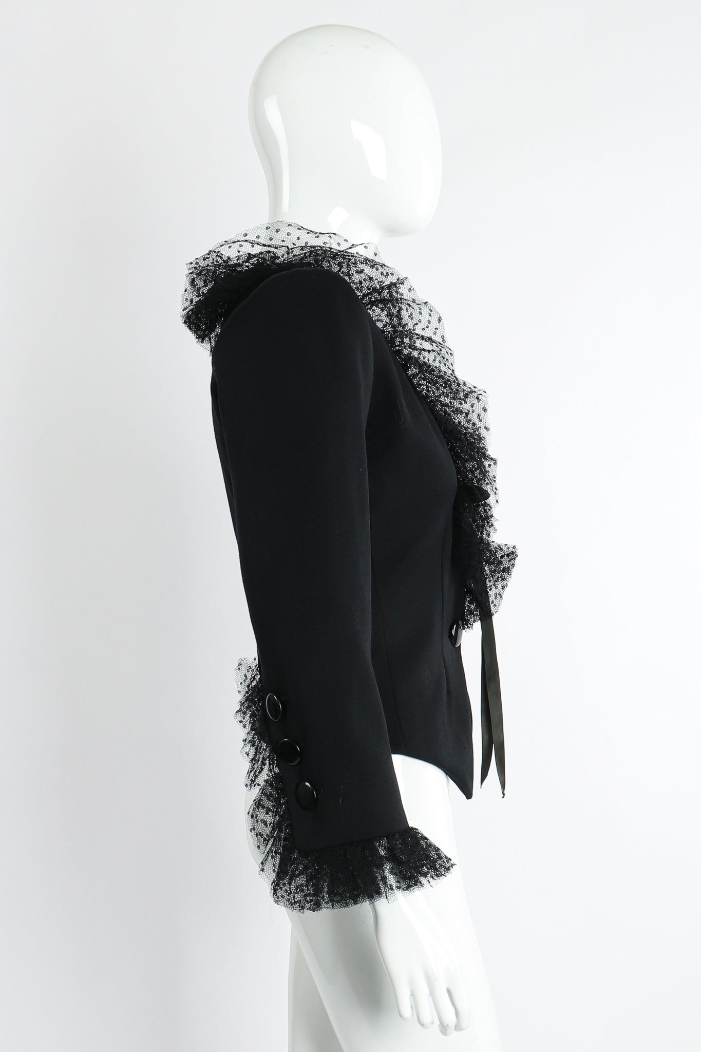 Vintage Yves Saint Laurent YSL Tulle Ruffle Collar Jacket on Mannequin Side at Recess LA