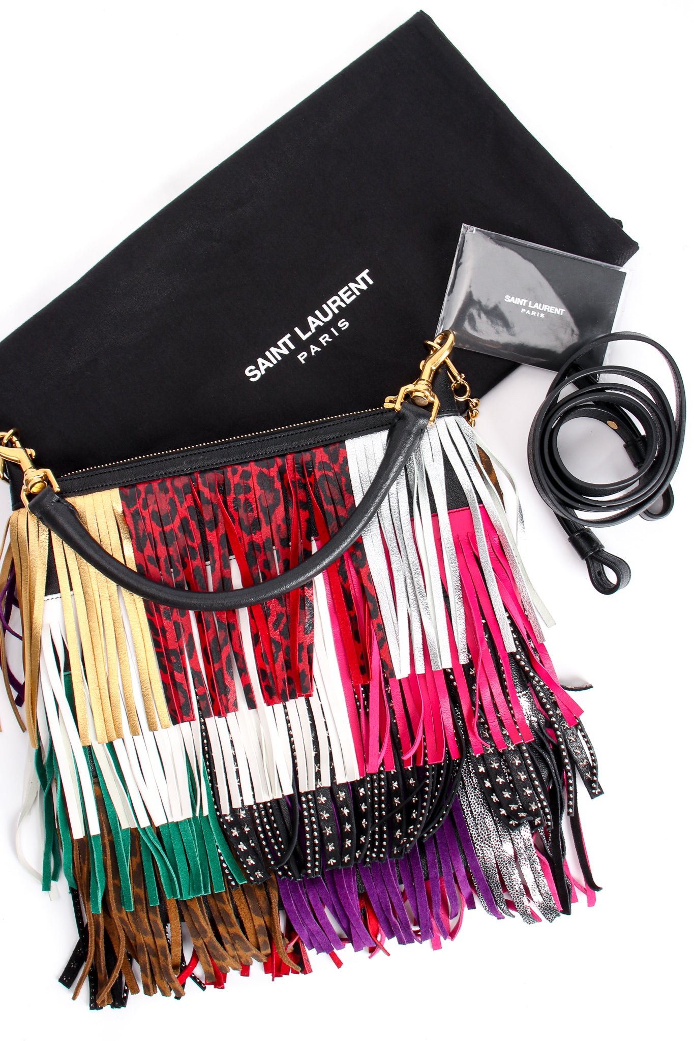 Vintage YSL Yves Saint Laurent Small Emmanuelle Mix Fringe Crossbody Bag dust bag at Recess LA