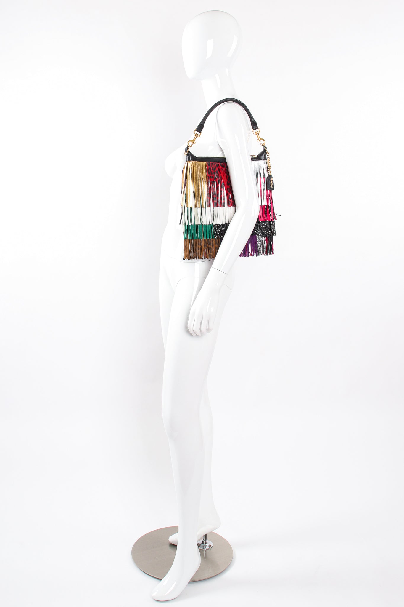 Vintage YSL Yves Saint Laurent Small Emmanuelle Mix Fringe Crossbody Bag on Mannequin @ Recess LA