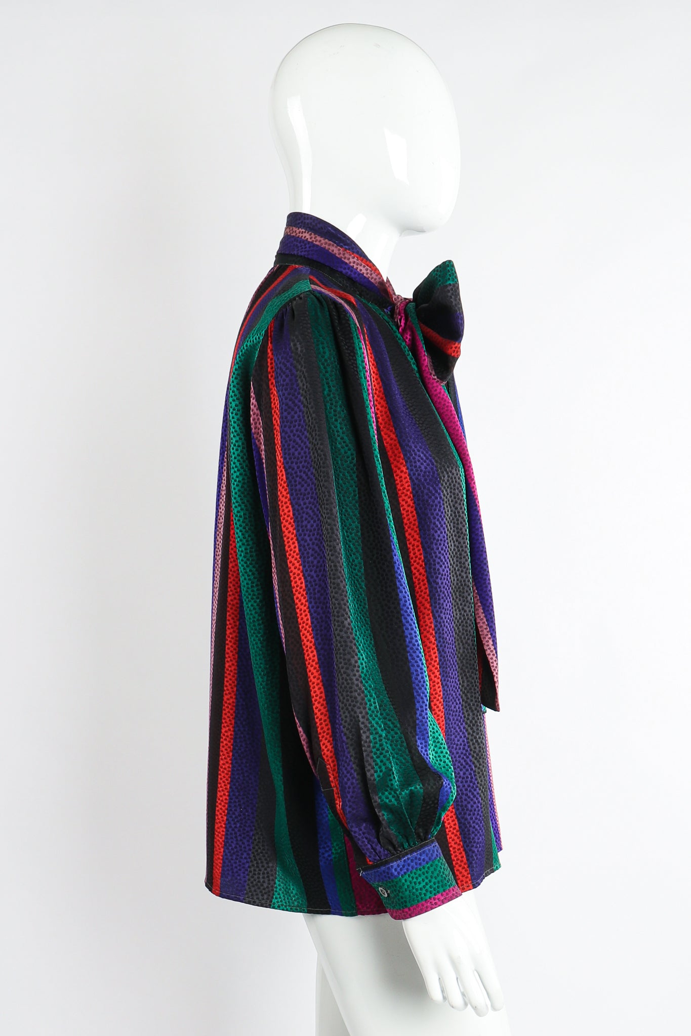 Vintage Yves Saint Laurent YSL Silk Stripe Bow Blouse on Mannequin side at Recess Los Angeles