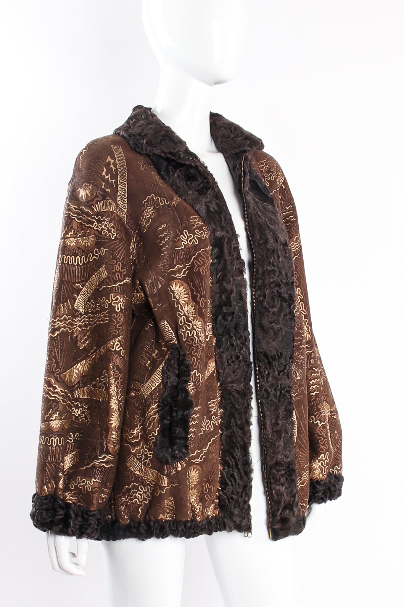 Vintage Zandra Rhodes Reversible Foiled Suede Lamb Fur Jacket on mannequin open at Recess LA