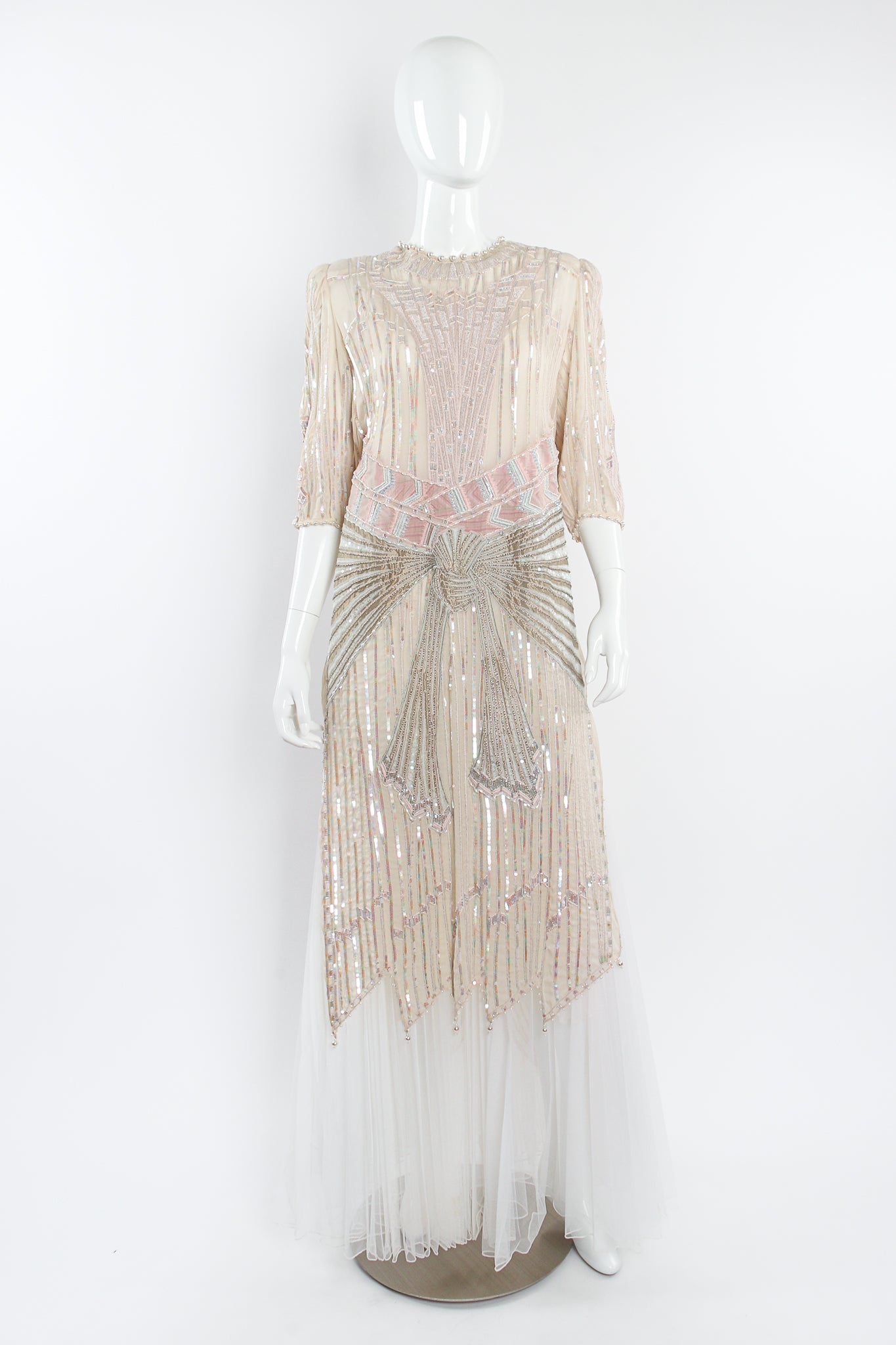 Vintage Zandra Rhodes Deco Beaded Cowl Back Gown on Mannequin front at Recess Los Angeles