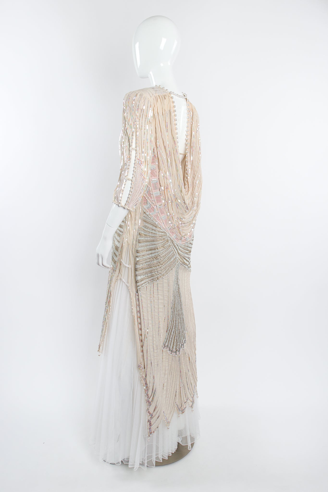 Vintage Zandra Rhodes Deco Beaded Cowl Back Gown on Mannequin back angle at Recess Los Angeles