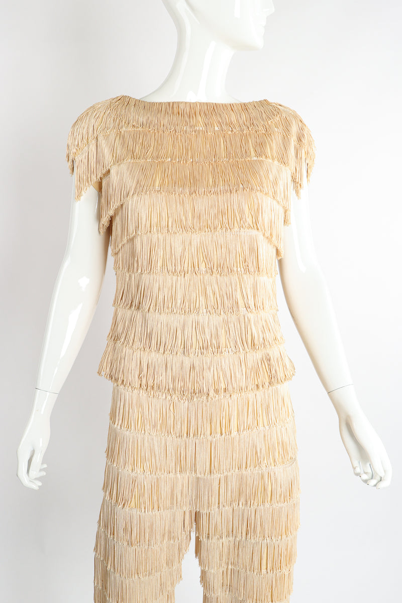 Vintage Zolot Wedding Bridal Ecru Fringed Top & Pant Set on Mannequin front crop at Recess LA