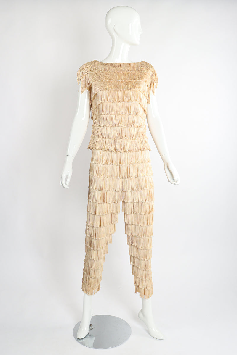 Vintage Zolot Wedding Bridal Ecru Fringed Top & Pant Set on Mannequin front at Recess LA