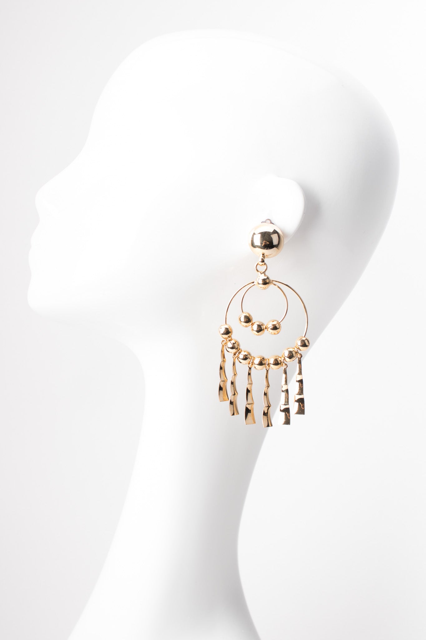 Gold Double Hoop Fringe Clip Chandelier Earrings