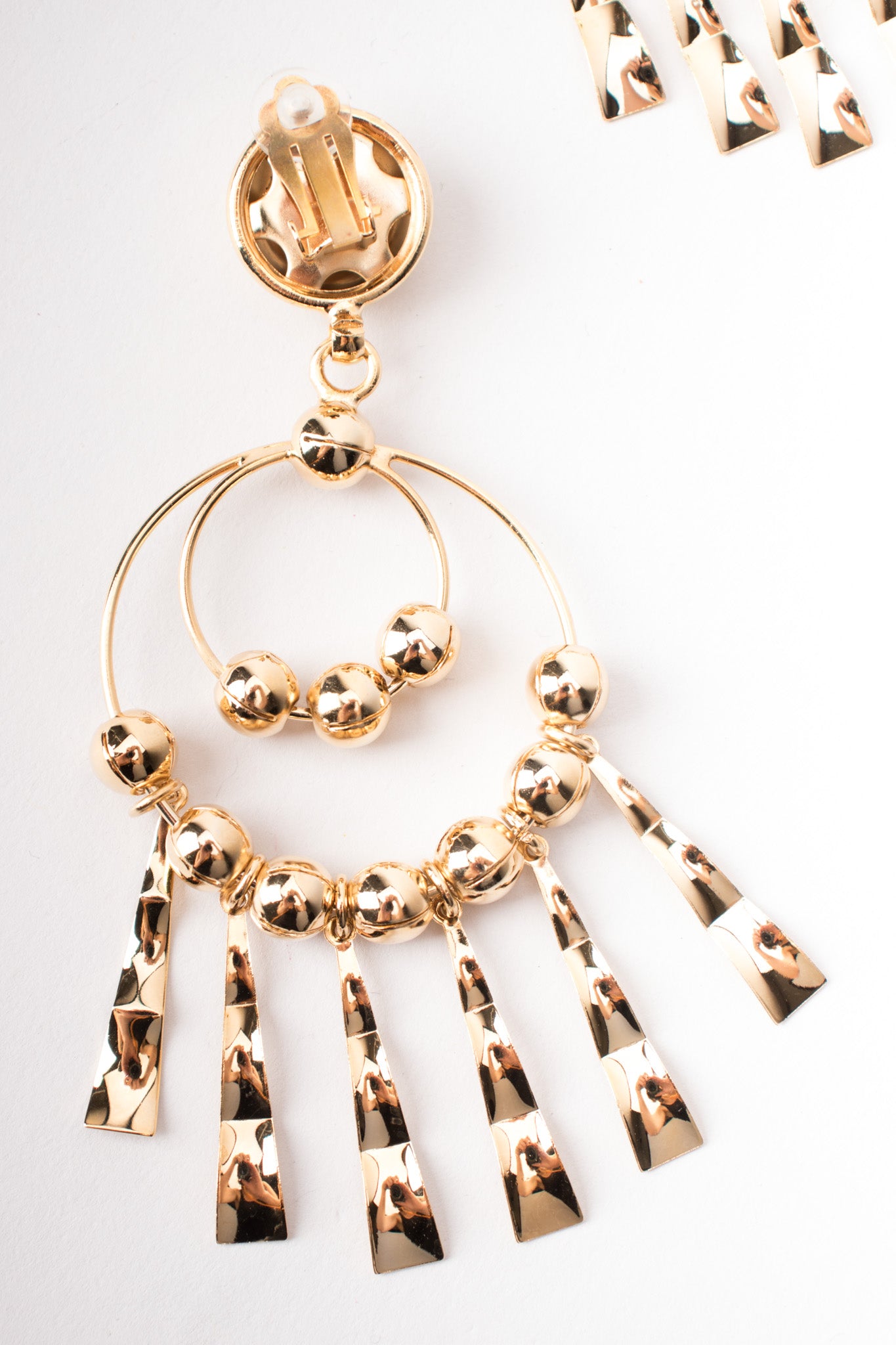 Gold Double Hoop Fringe Clip Chandelier Earrings