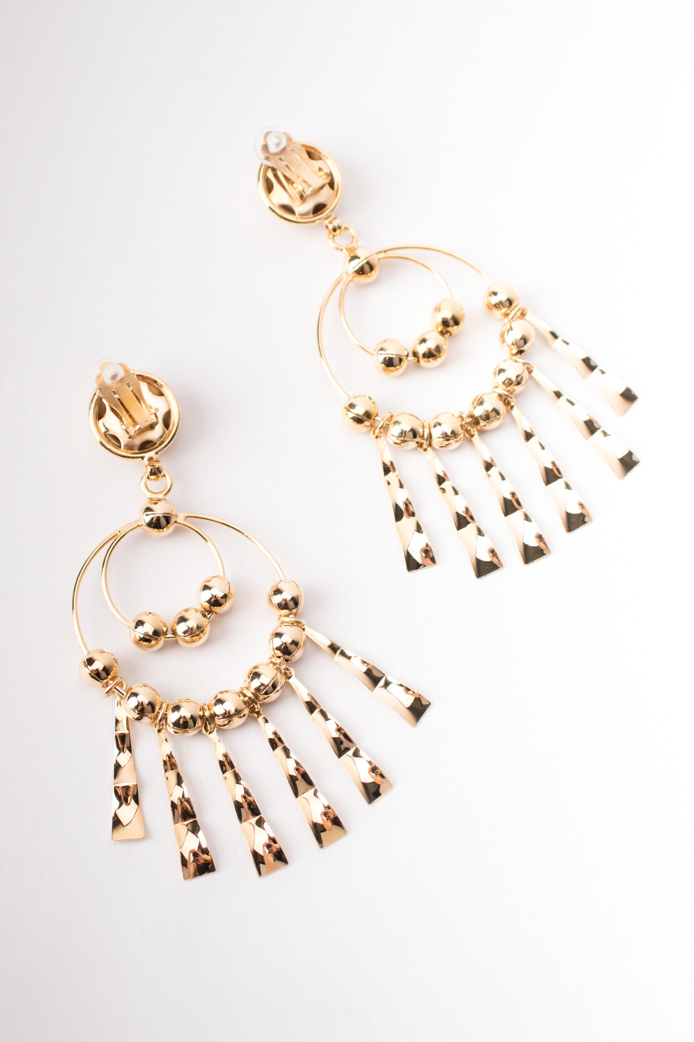 Gold Double Hoop Fringe Clip Chandelier Earrings